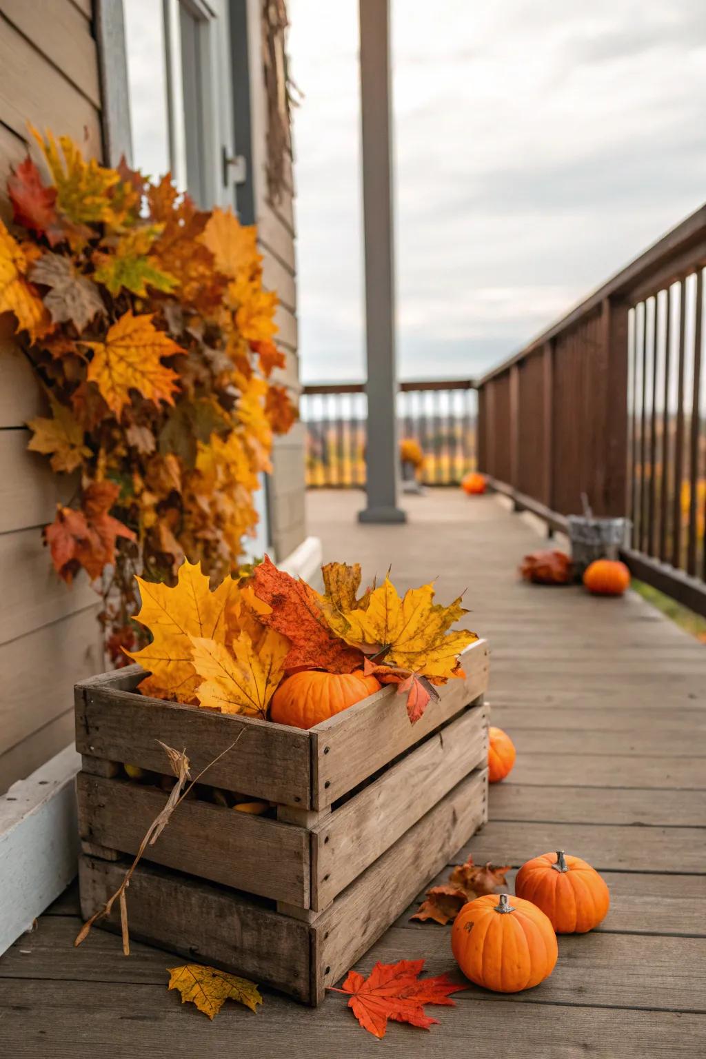 A rustic box filled with seasonal autumn decorations.