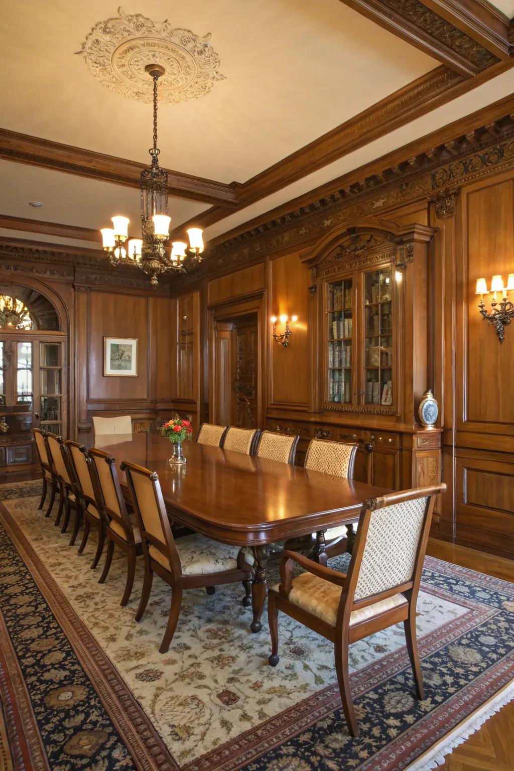 Wood paneling adds elegance and depth to this dining room.