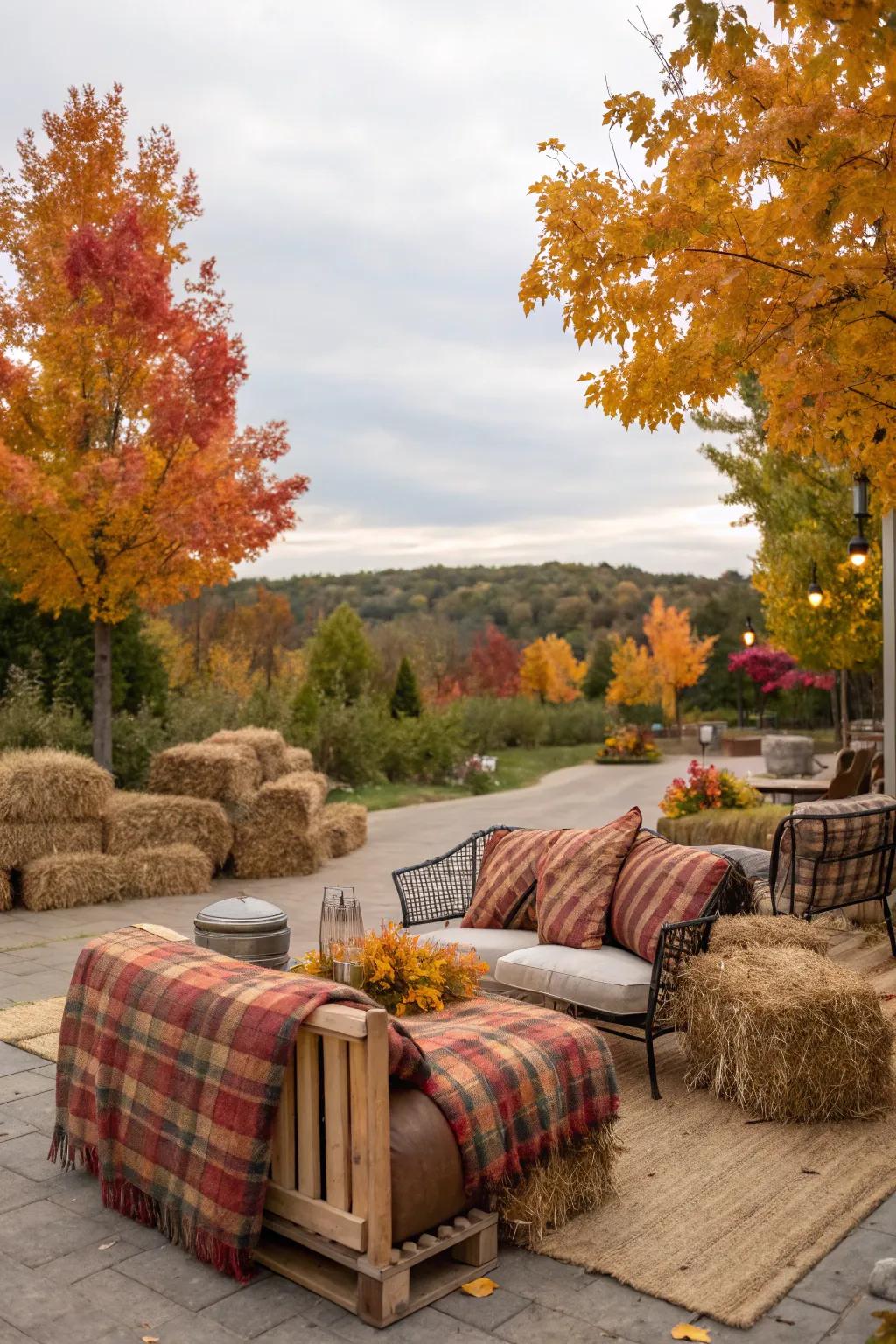 Plant fiber blocks fashion a snug seating arrangement for open-air autumn celebrations.