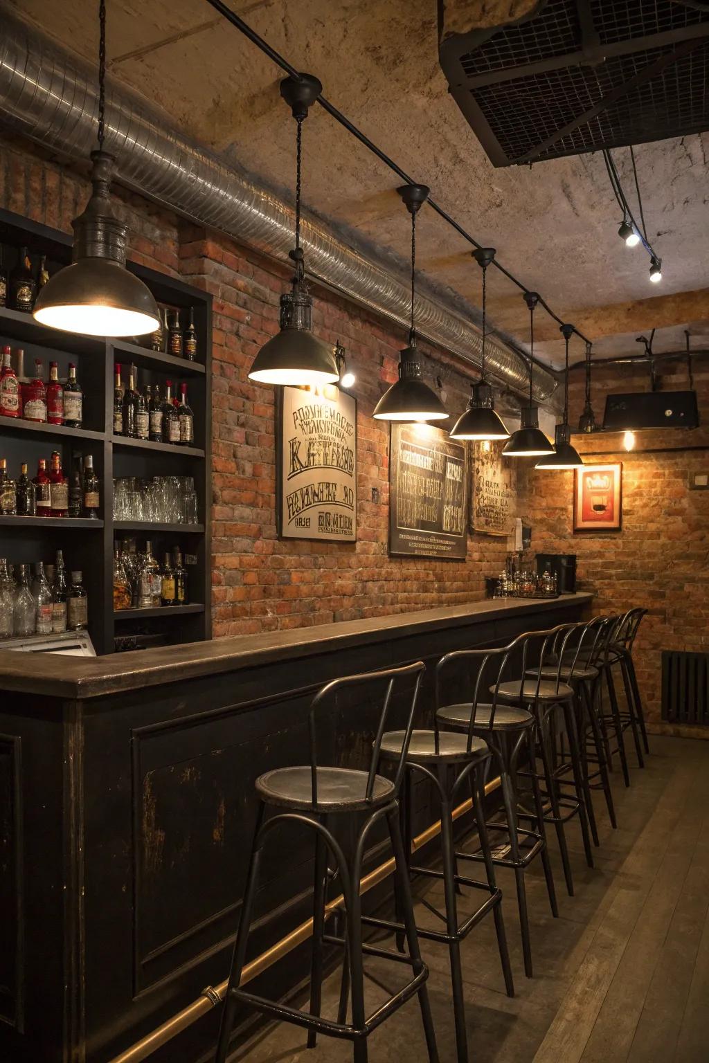 Embrace the stark beauty of industrial design within your basement bar.