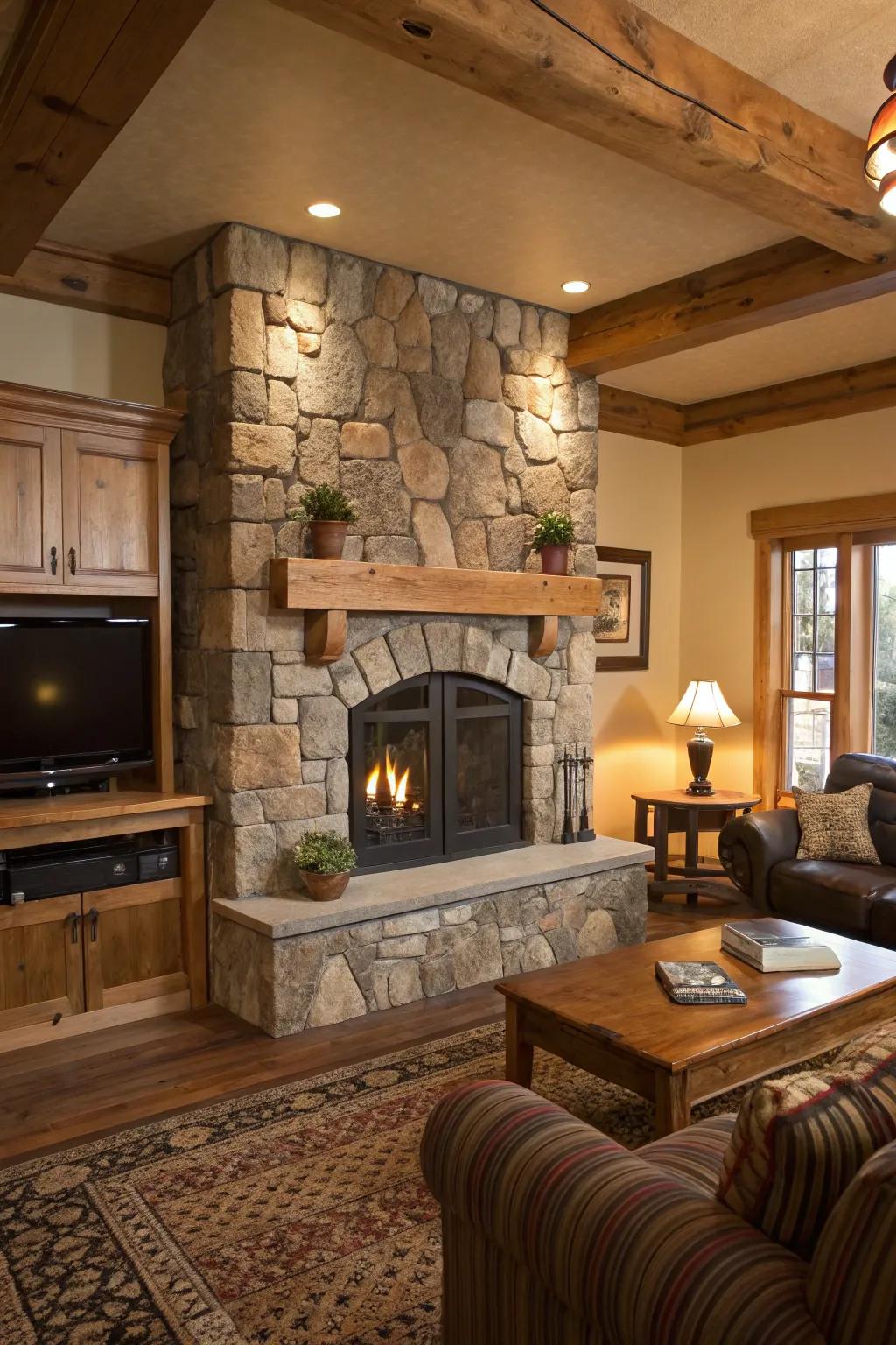 Stone surrounds blend the rustic with the contemporary.