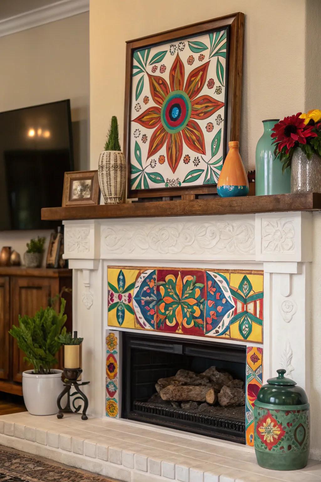A vibrant artwork adds personality to the fireplace mantel