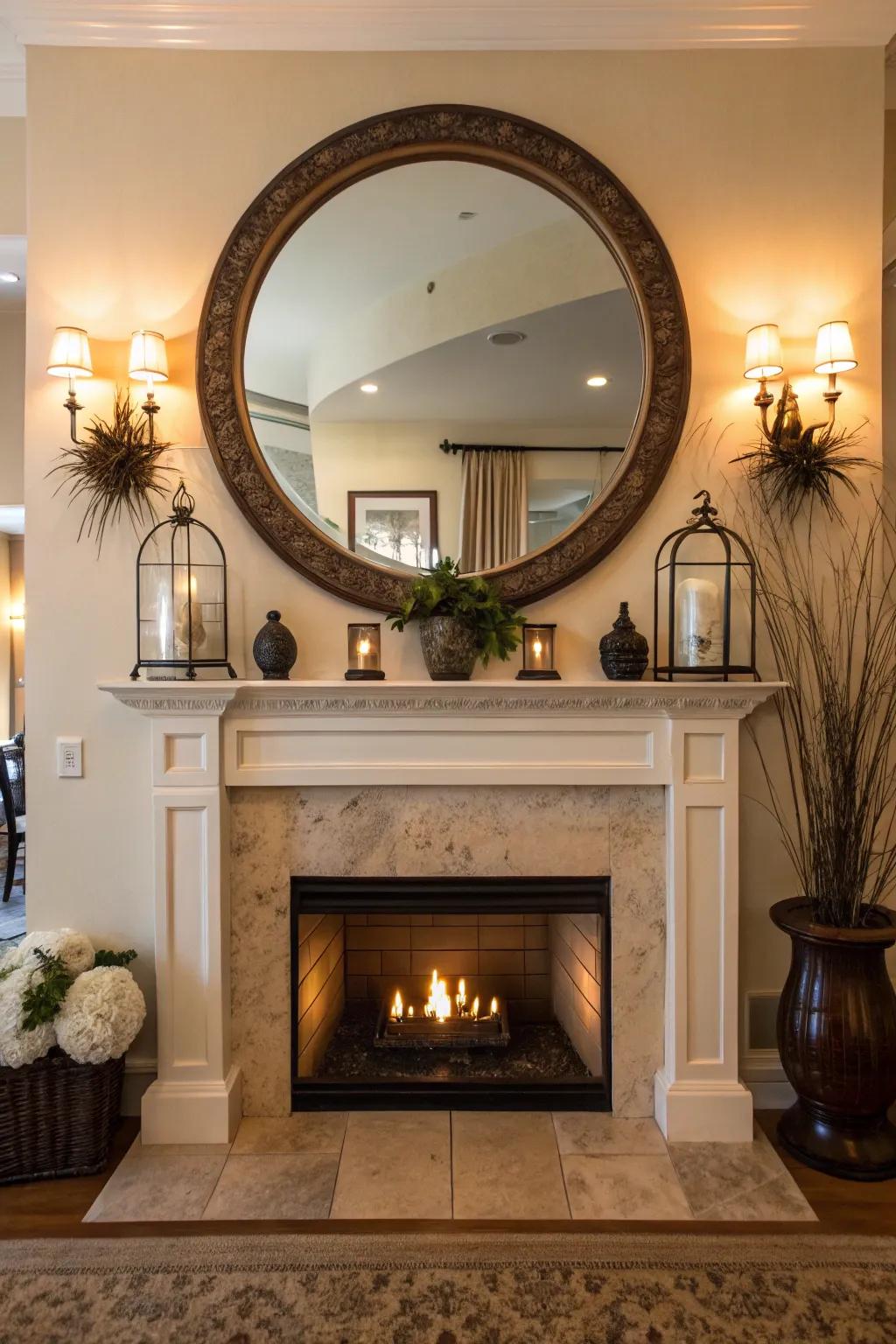 An elegant circular looking glass adding depth to the mantel.
