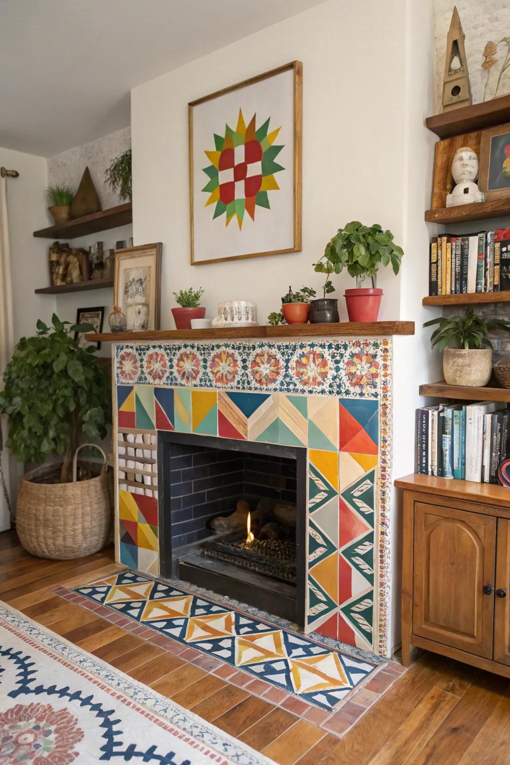 A striking geometric pattern in cladding transforms this fireplace into a visual masterpiece.