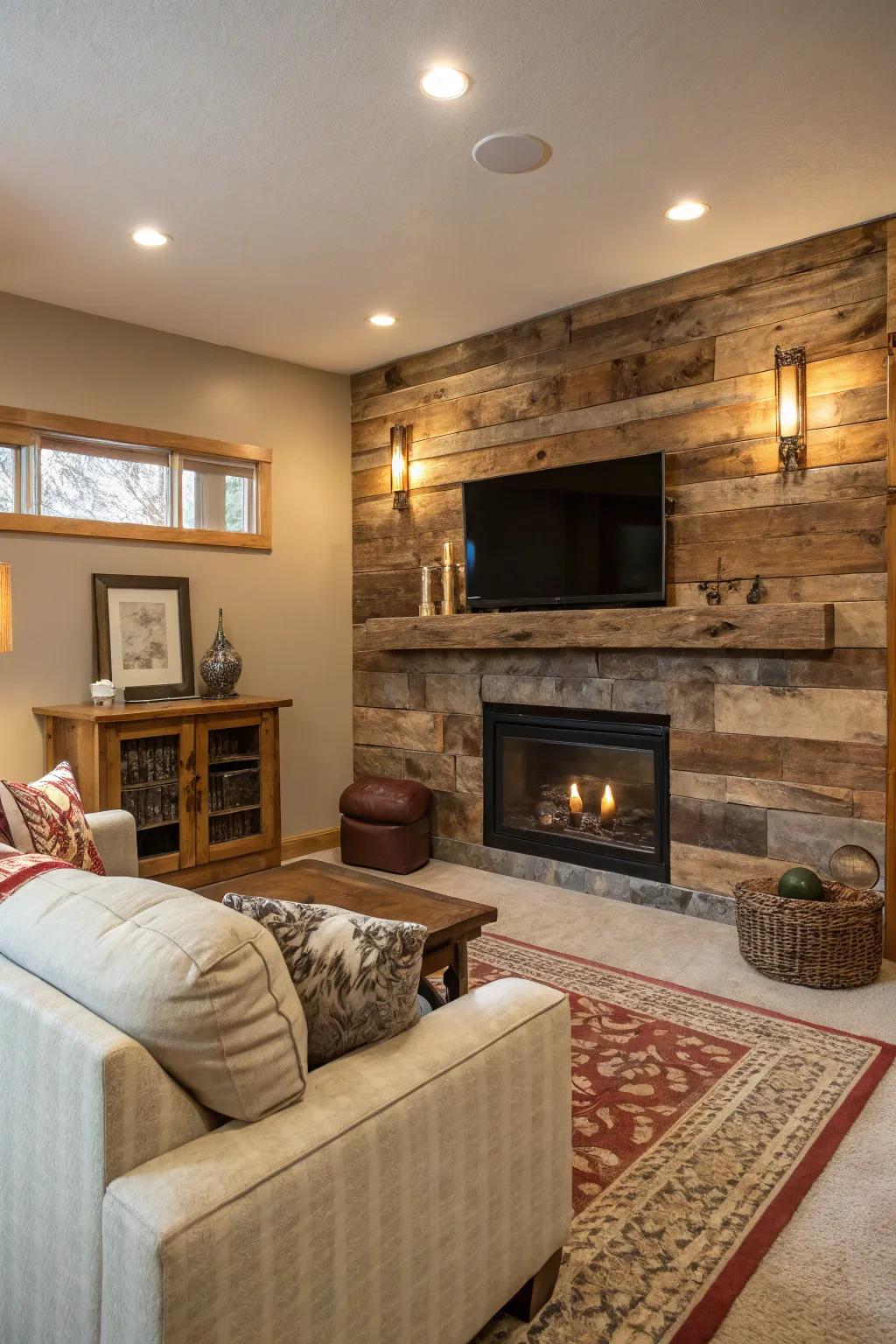 Restored lumber imparts a down-to-earth appeal to this fireplace wall.