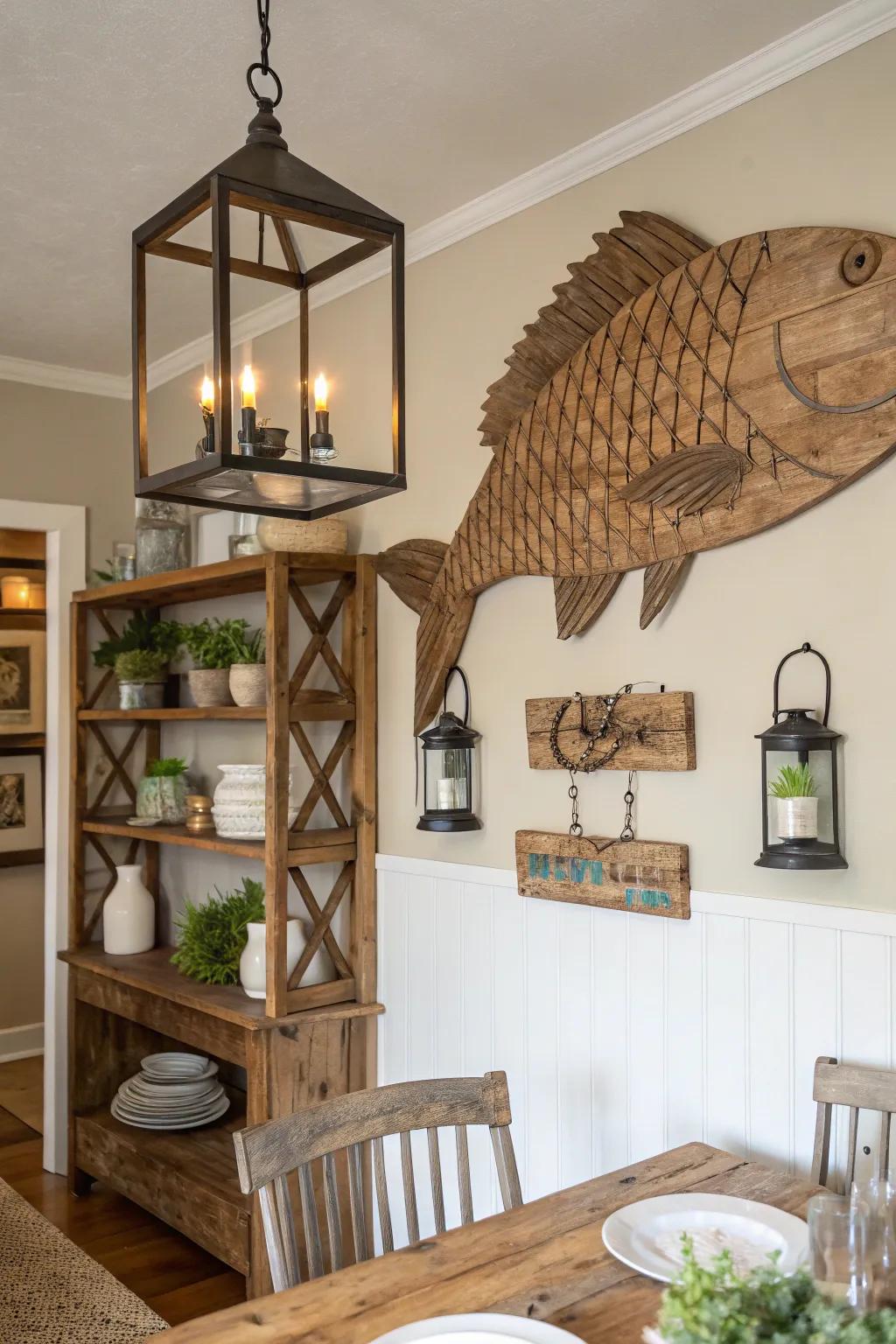 Wooden fish art gives a country charm to any room.