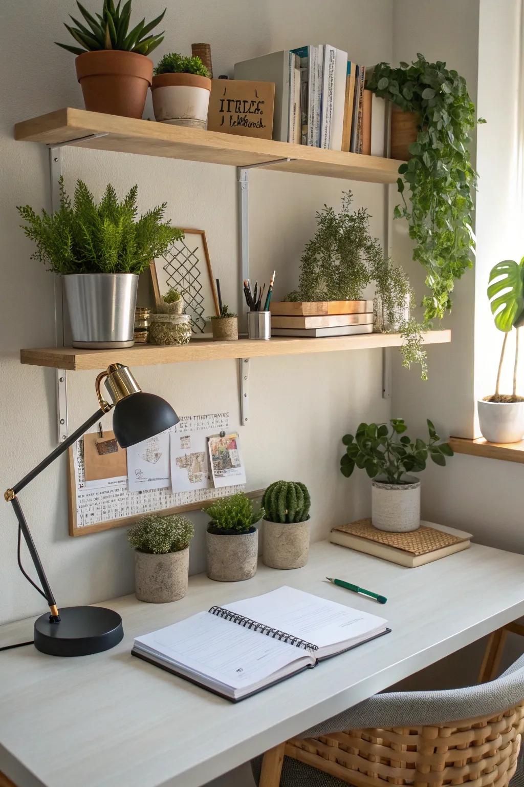 Bring a touch of nature with small plants on floating shelves above your desk.