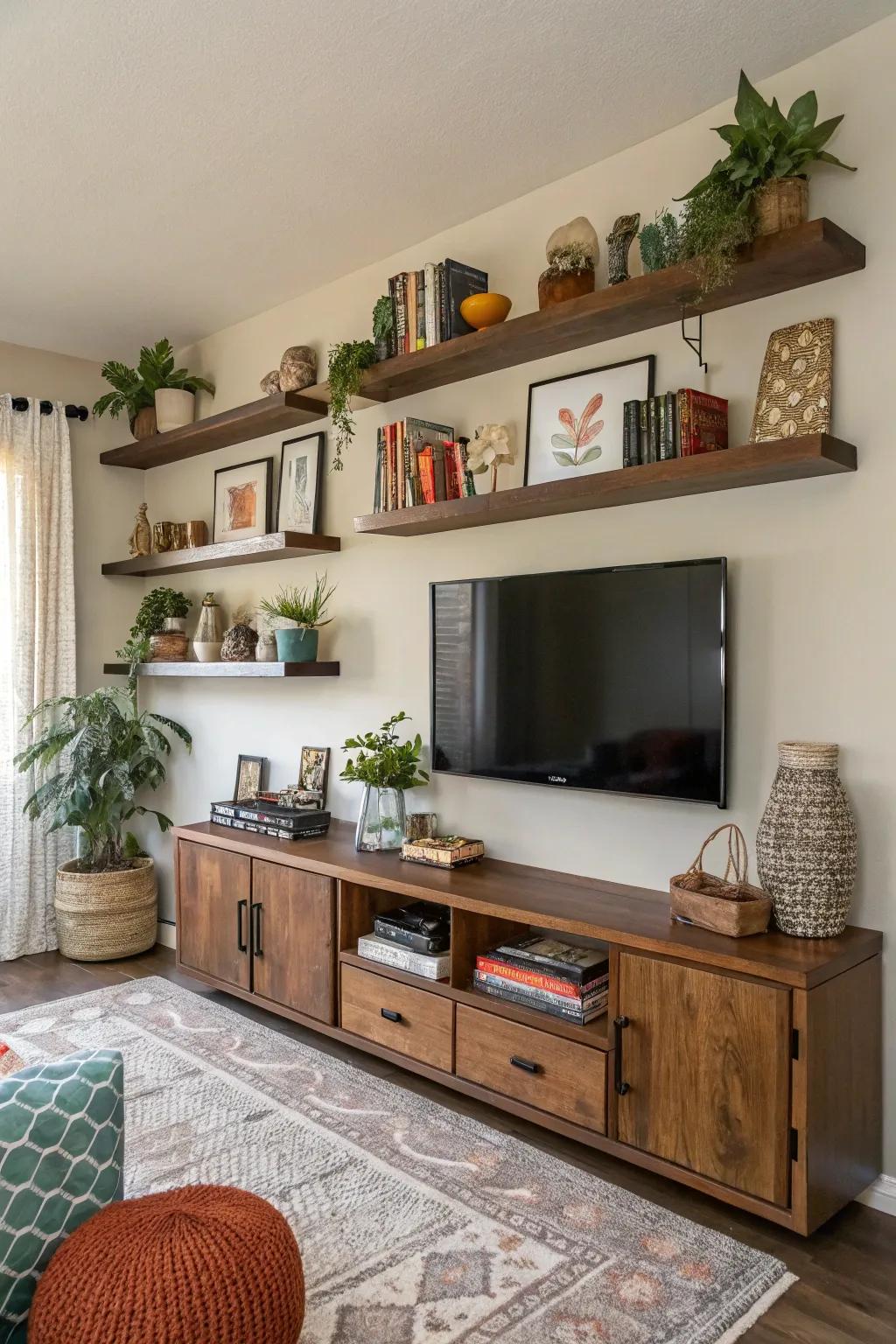 Create visual interest with staggered shelf heights.