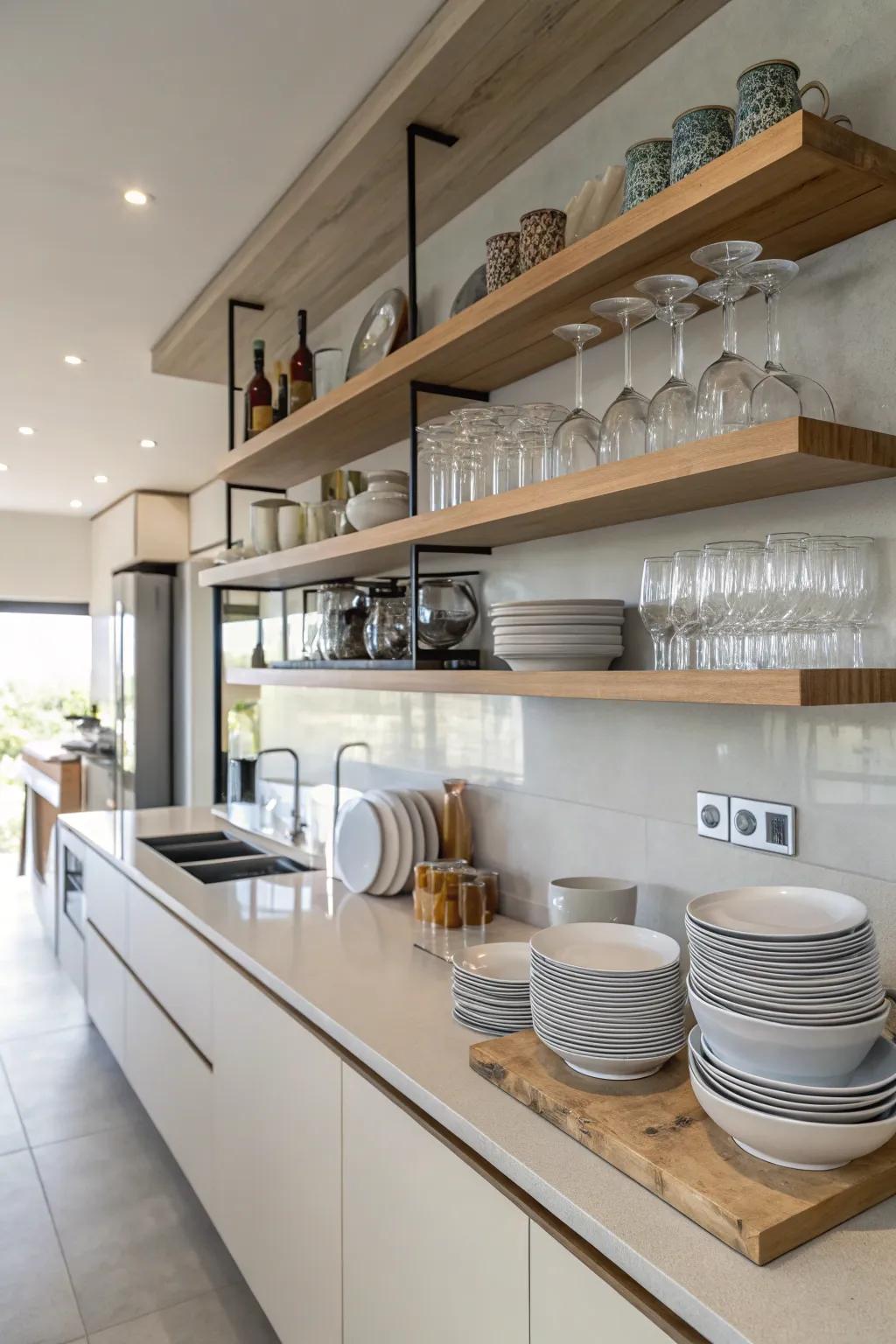 Kitchen floating shelves displaying elegant dishware and glassware.