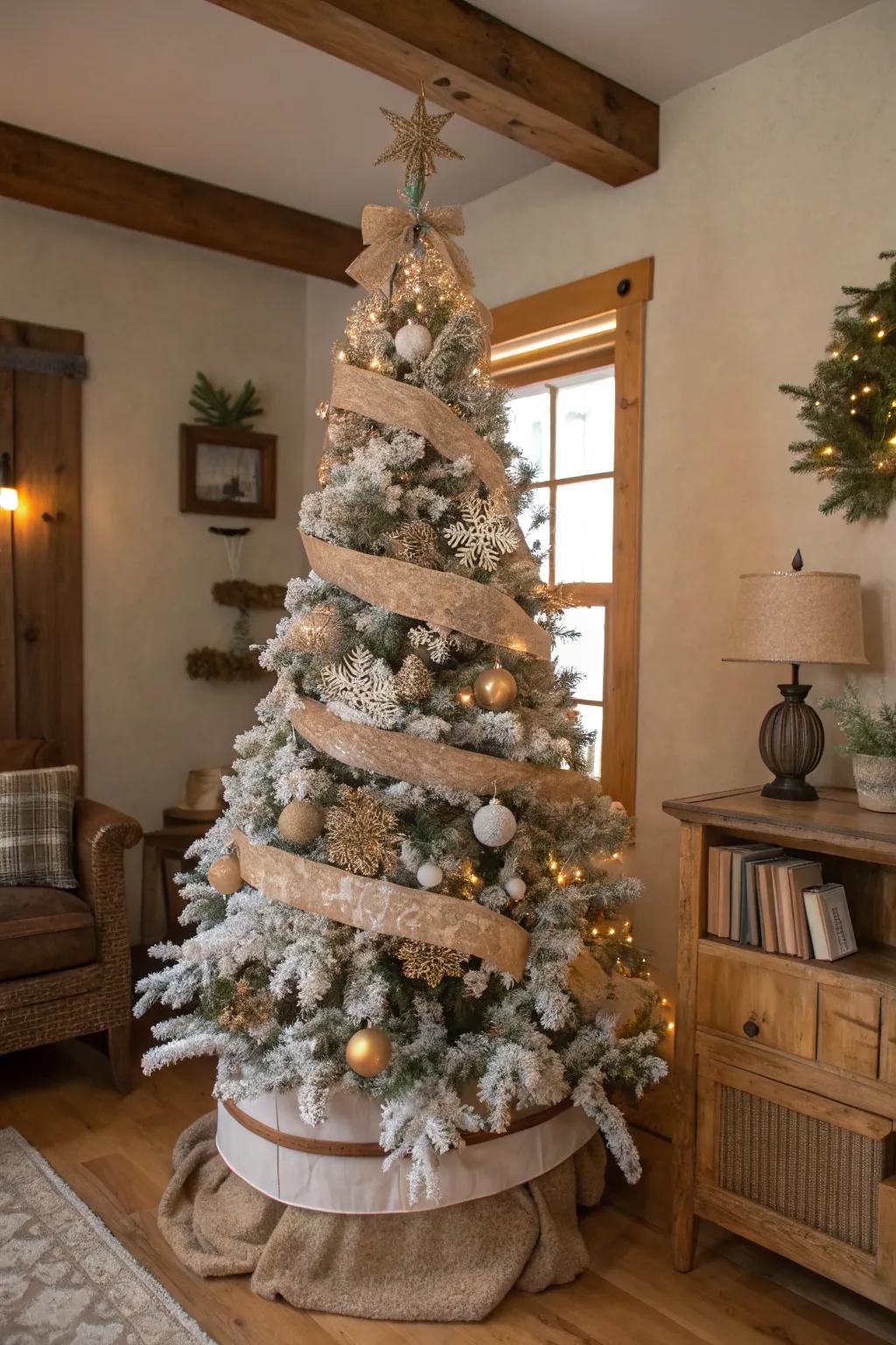 A rustic-inspired flocked Christmas tree with burlap and wood.