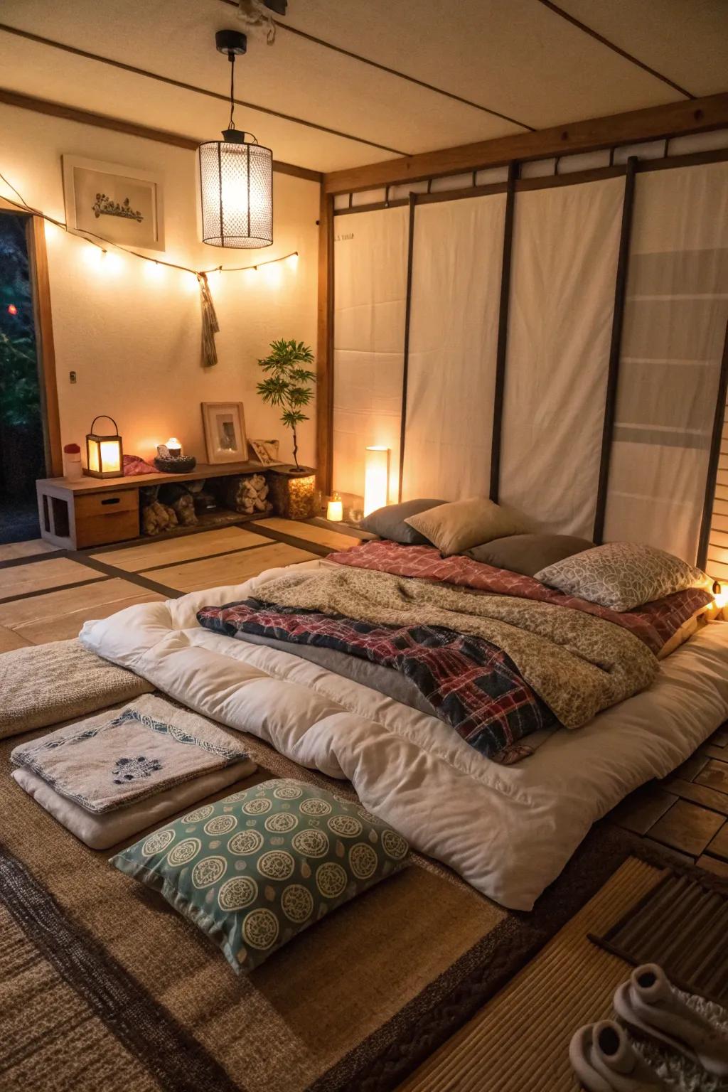 Layered textiles add warmth and comfort to a minimalist floor bed.