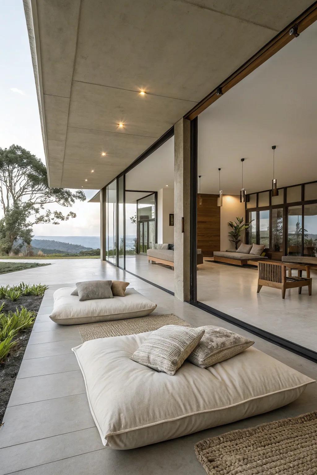 Minimalist floor seating embraces simplicity and serenity.