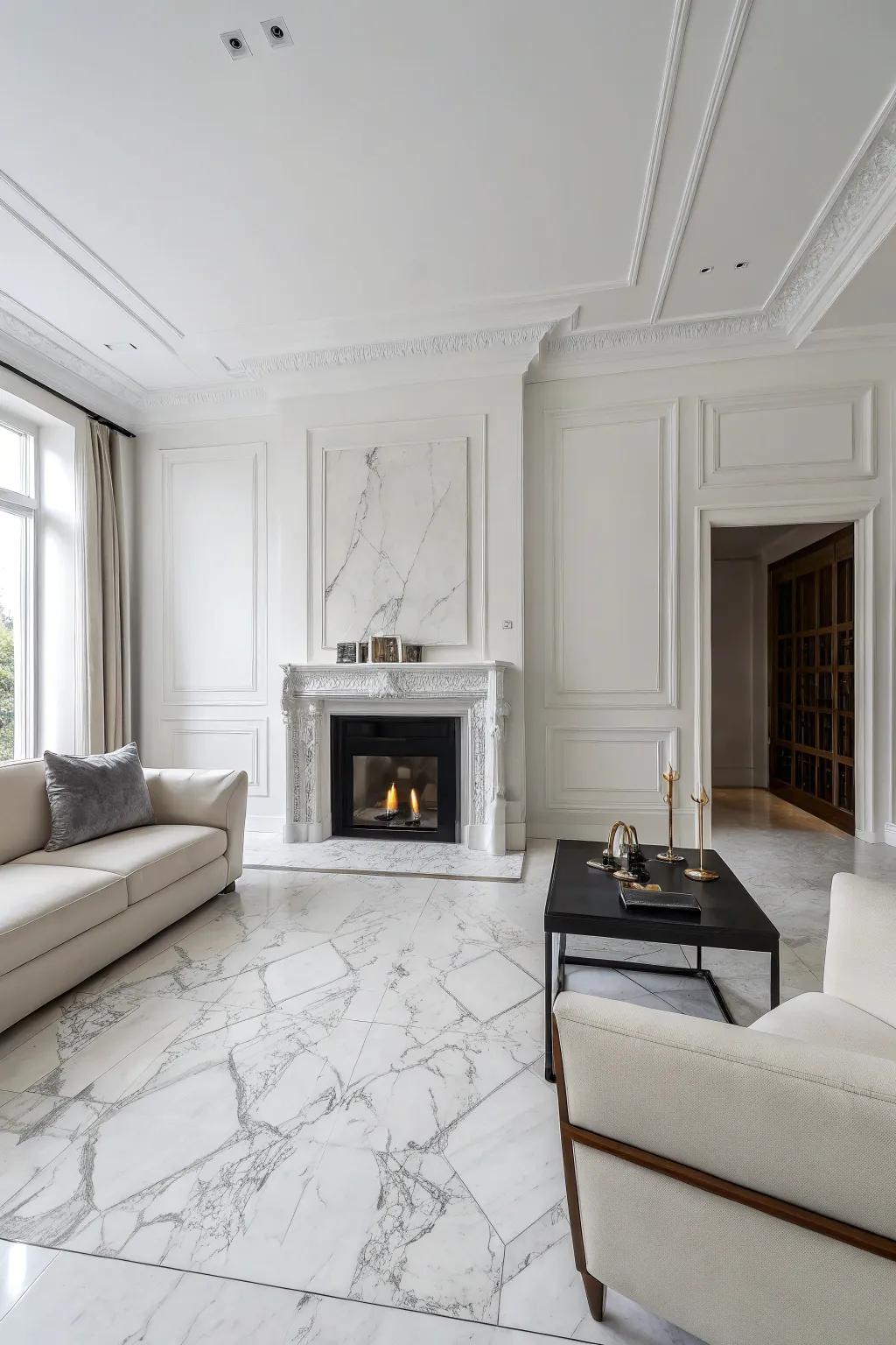 A minimalist space featuring a sleek marble floor-to-ceiling fireplace.