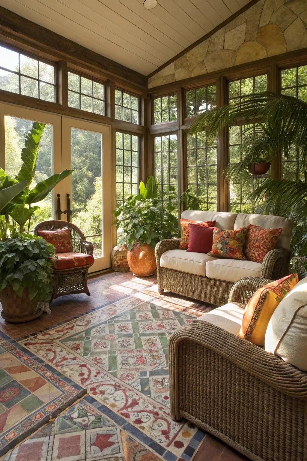 Mediterranean-inspired sunroom graced with elegant stoneware tiling.