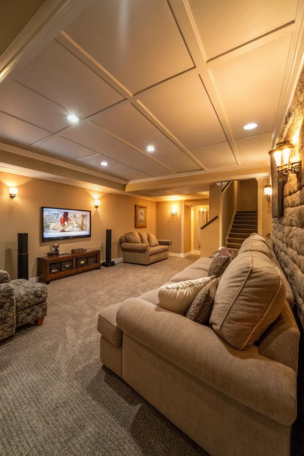 Rich pile floor covering turns your basement into a snug sanctuary.