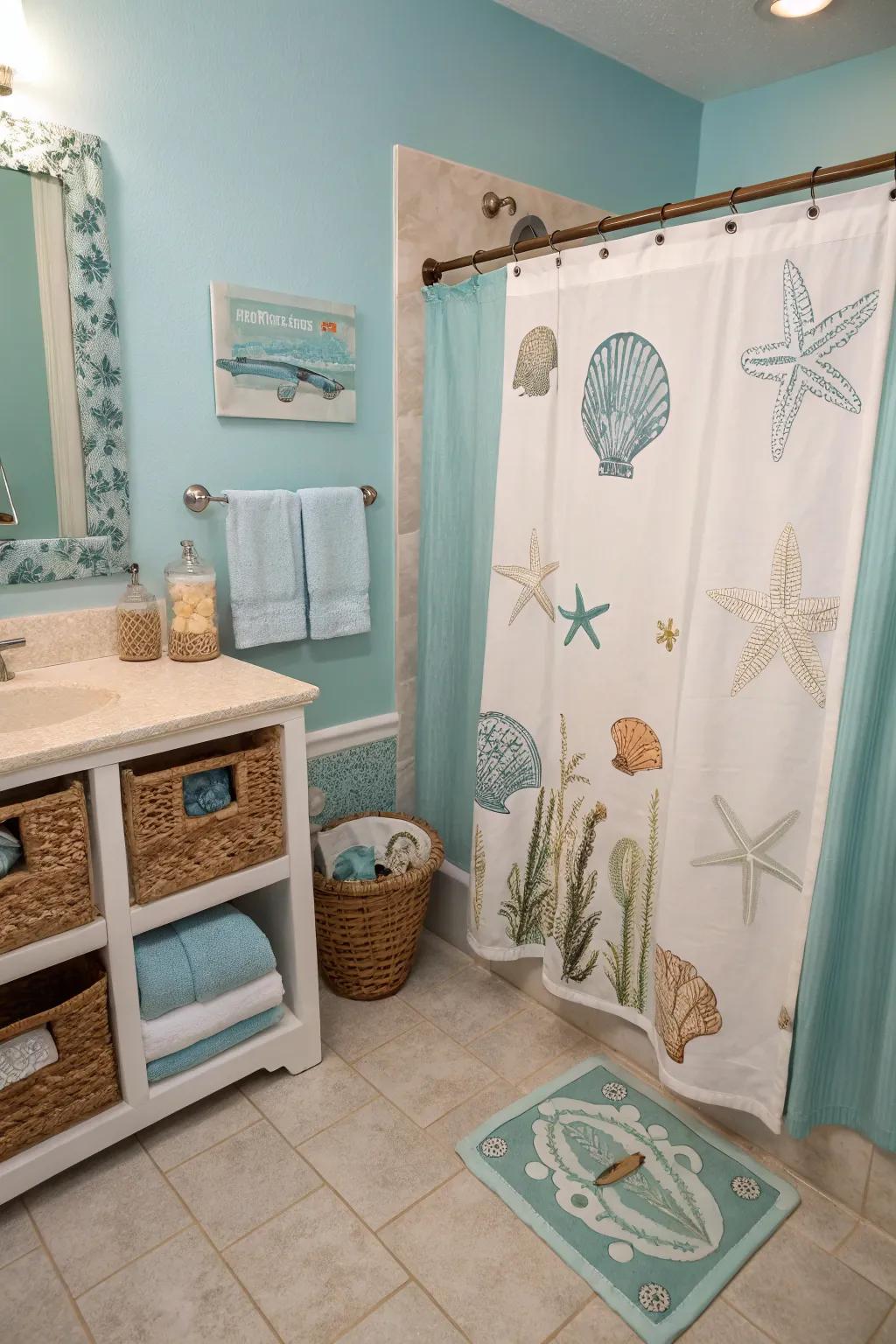 A seaside color palette brings the beach inside your bathroom.