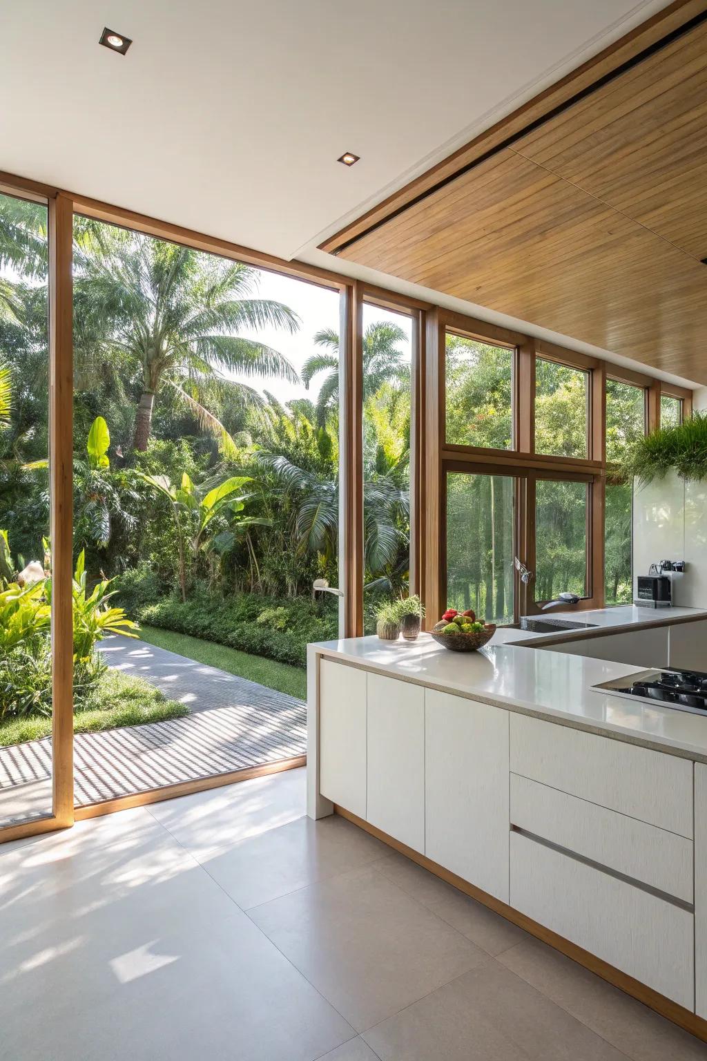 A sun-drenched kitchen showcasing a smooth connection to the outdoors.