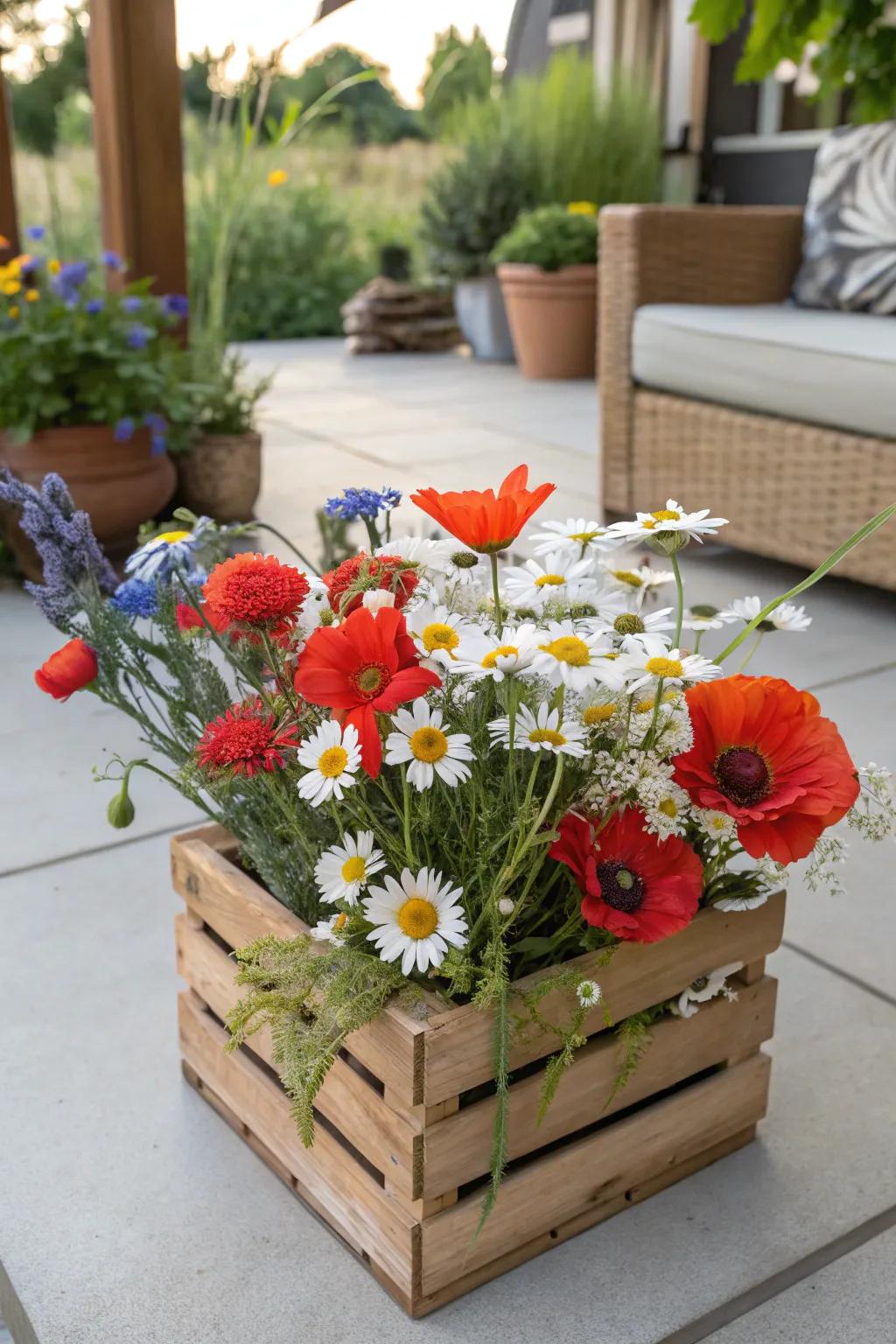 A whimsical wildflower bouquet conjuring a serene atmosphere on a patio.