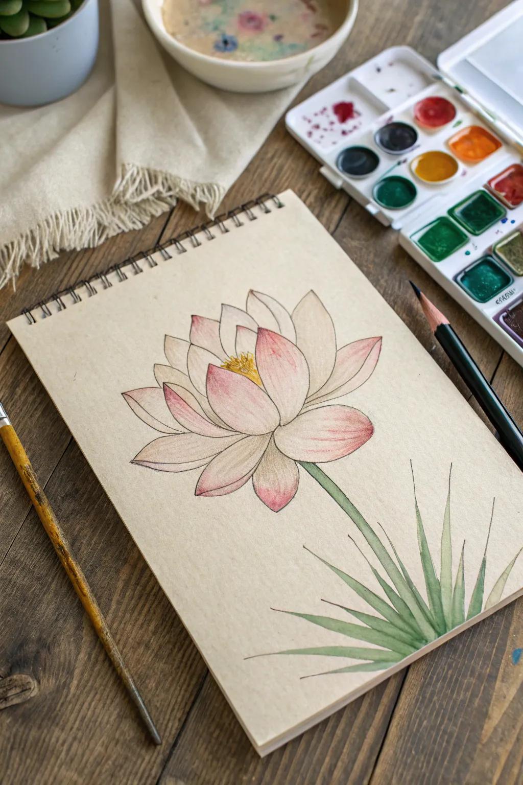 A serene lotus drawing radiating tranquility and loveliness.