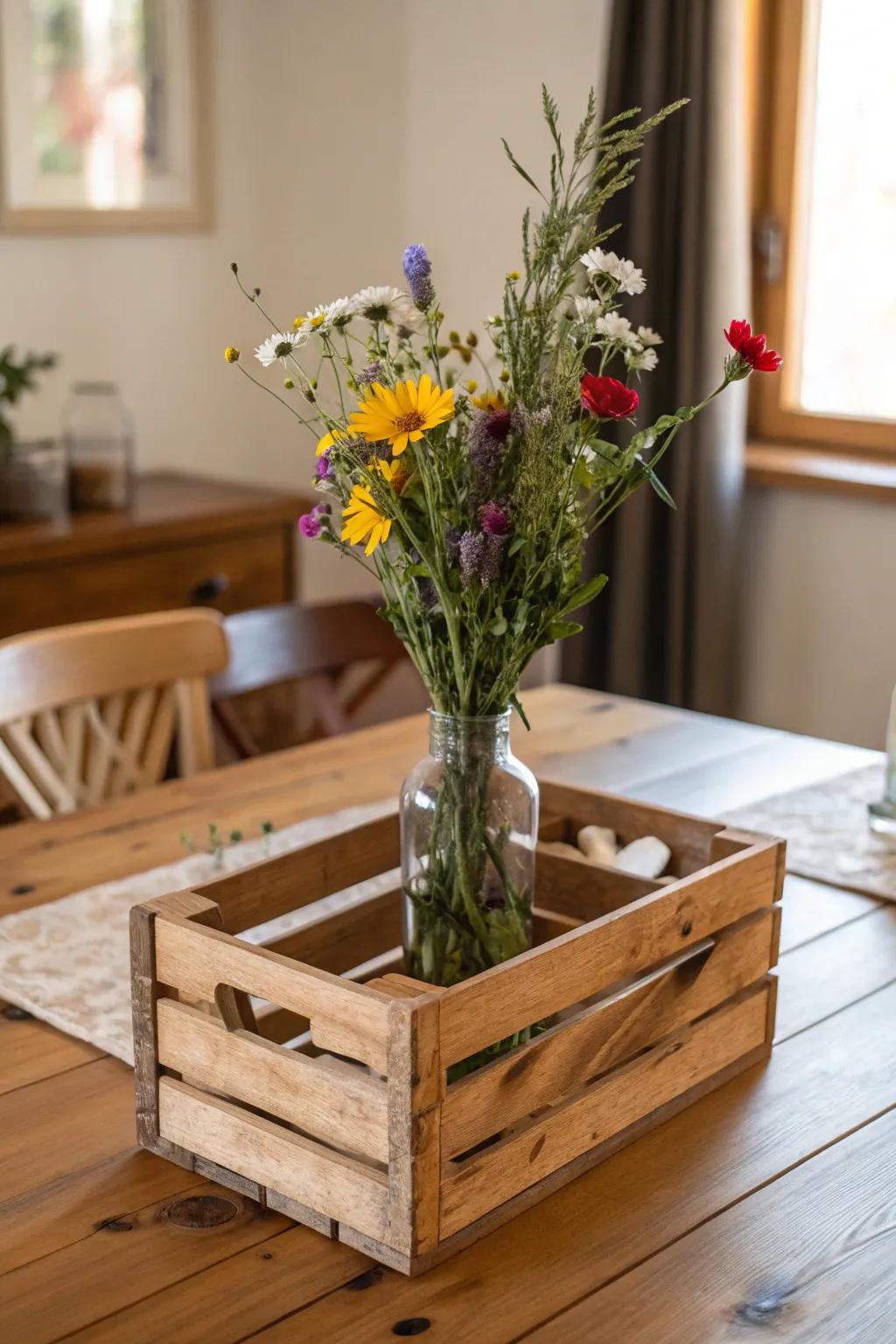 A timber crate transforms a straightforward holder into an earthy focal point.