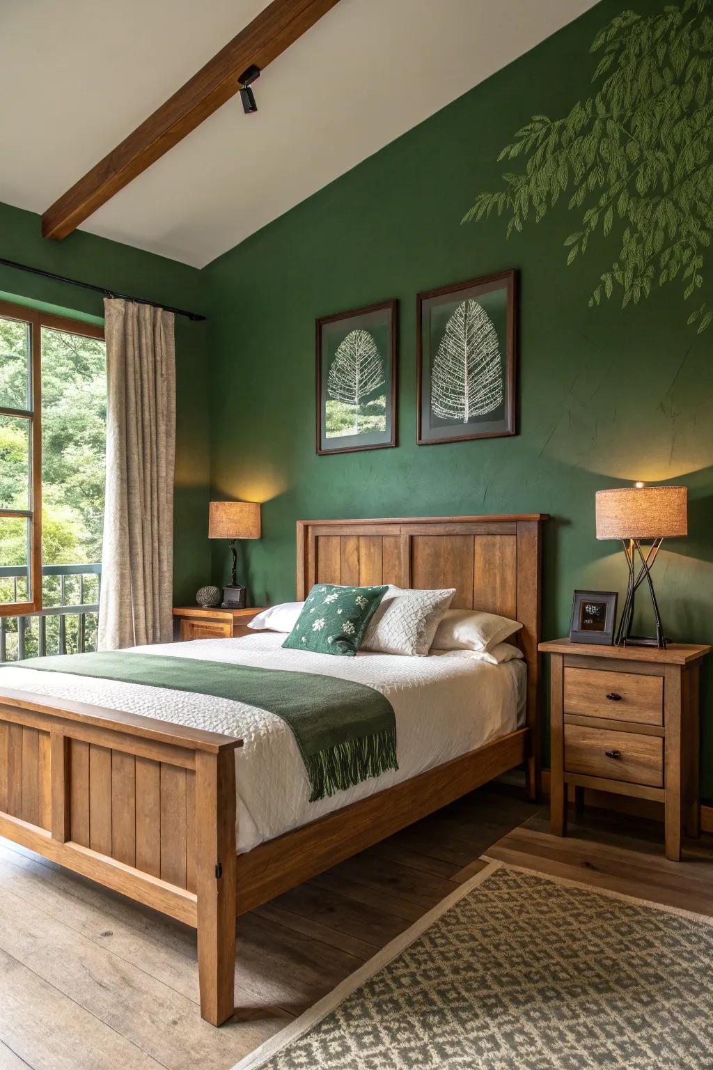 Natural wood enhances the forest green shades nicely.