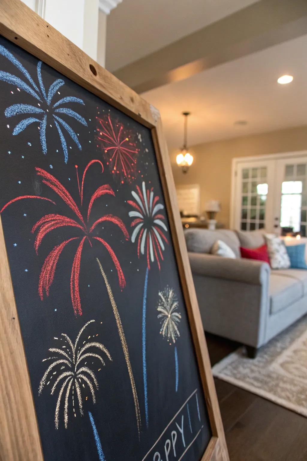 Dazzling skybursts sketched onto a chalkboard for Independence Day.