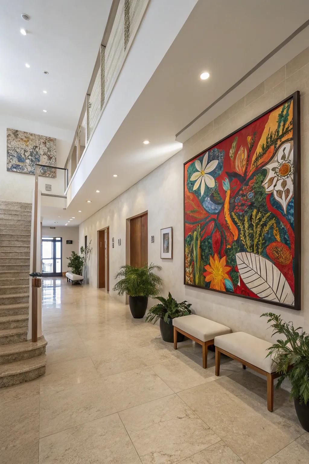 A foyer spotlighting an engaging artwork that commands immediate attention.
