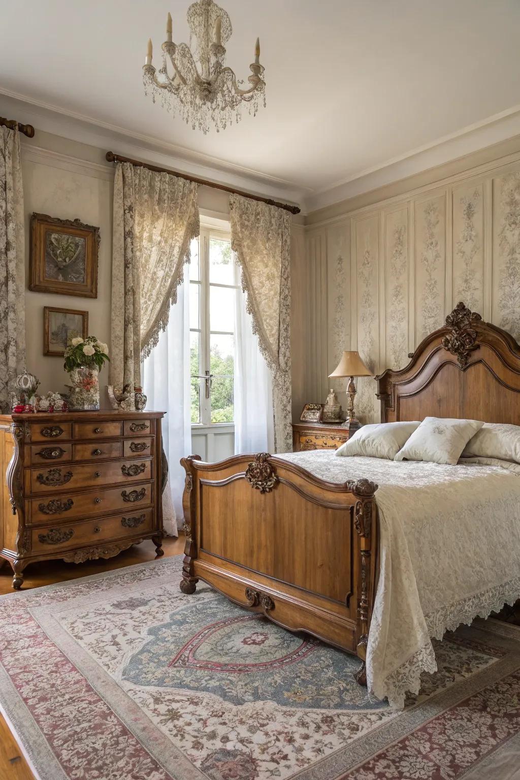 Classic furnishings enrich the character of this French-style bedroom.