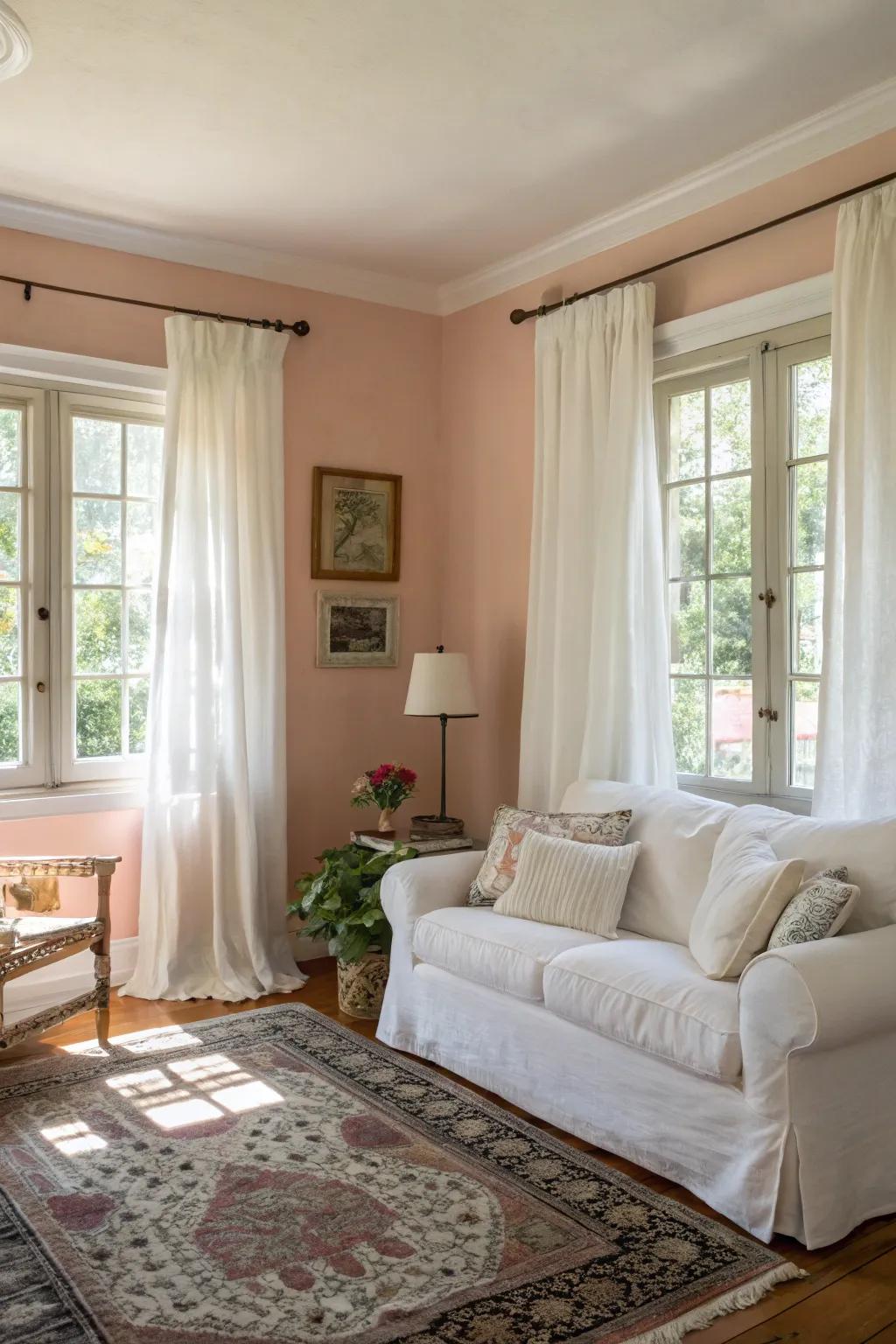 A serene living room with soft pastel tones and a cozy white sofa.