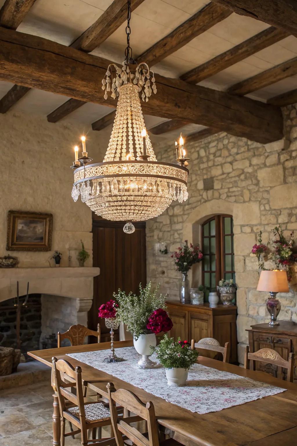 A sparkling overhead light adds beauty and warmth to the dining area.