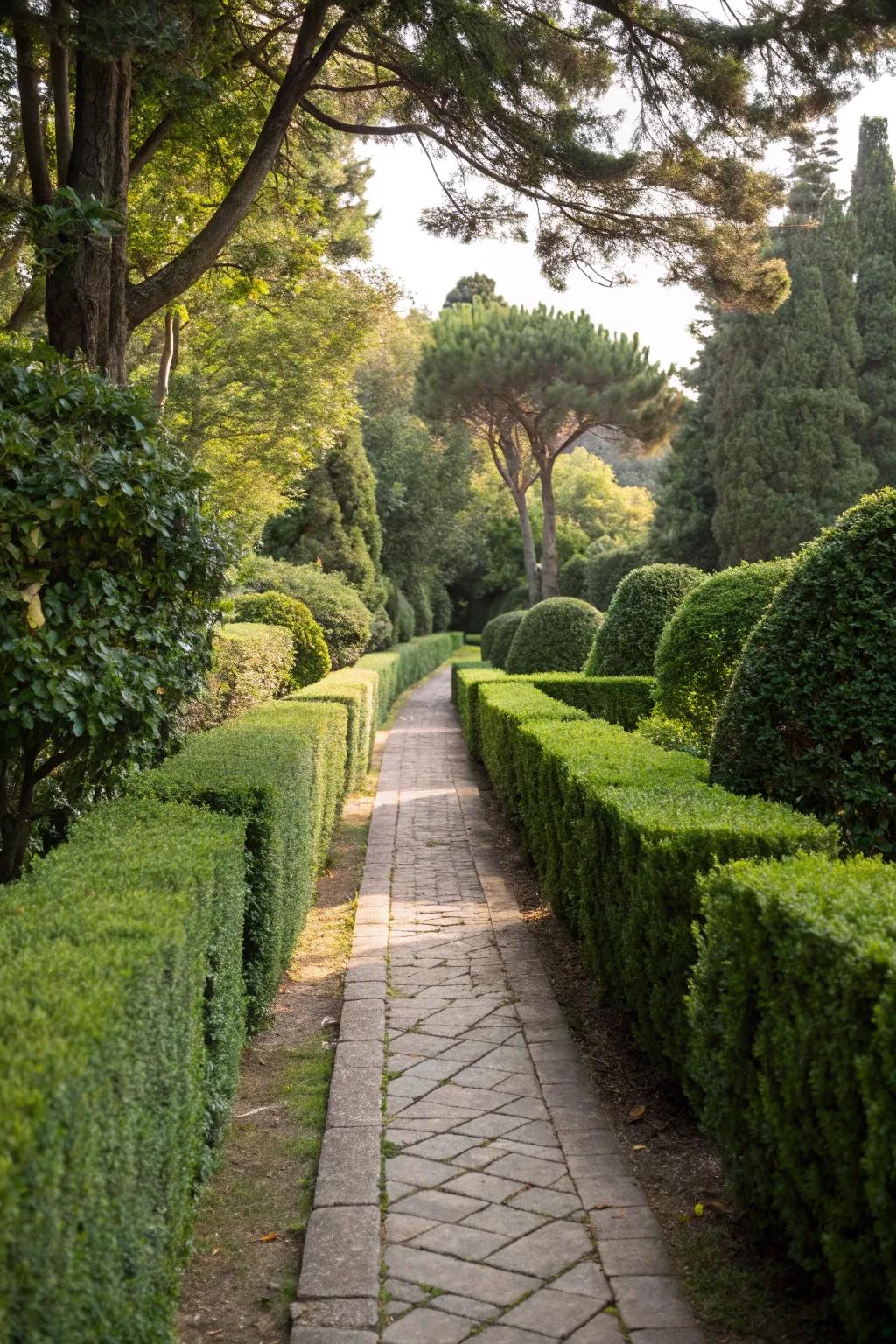 Boxwoods tracing a walkway, introducing structure and refinement.