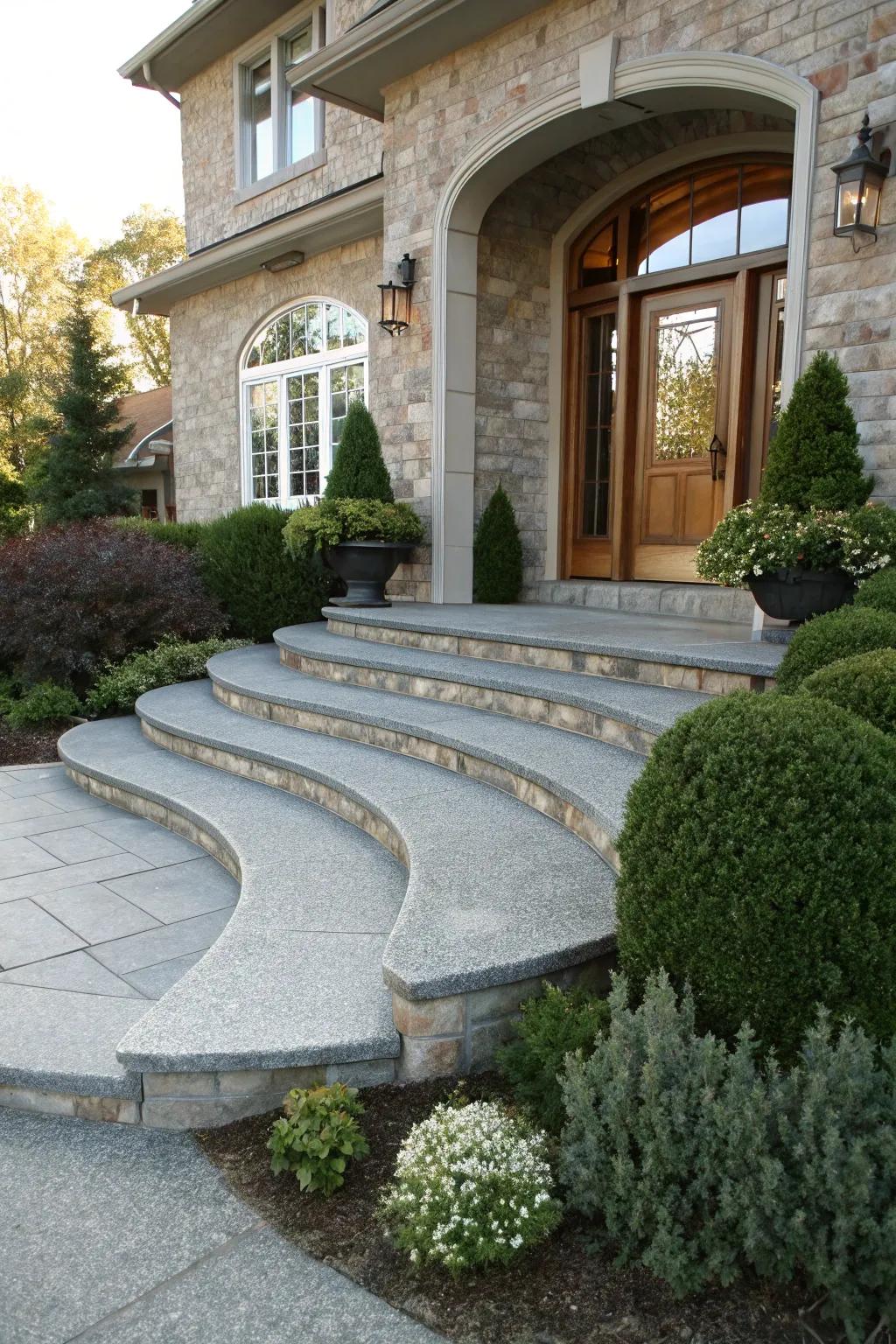 Arched slate walkways create a welcoming entrance.