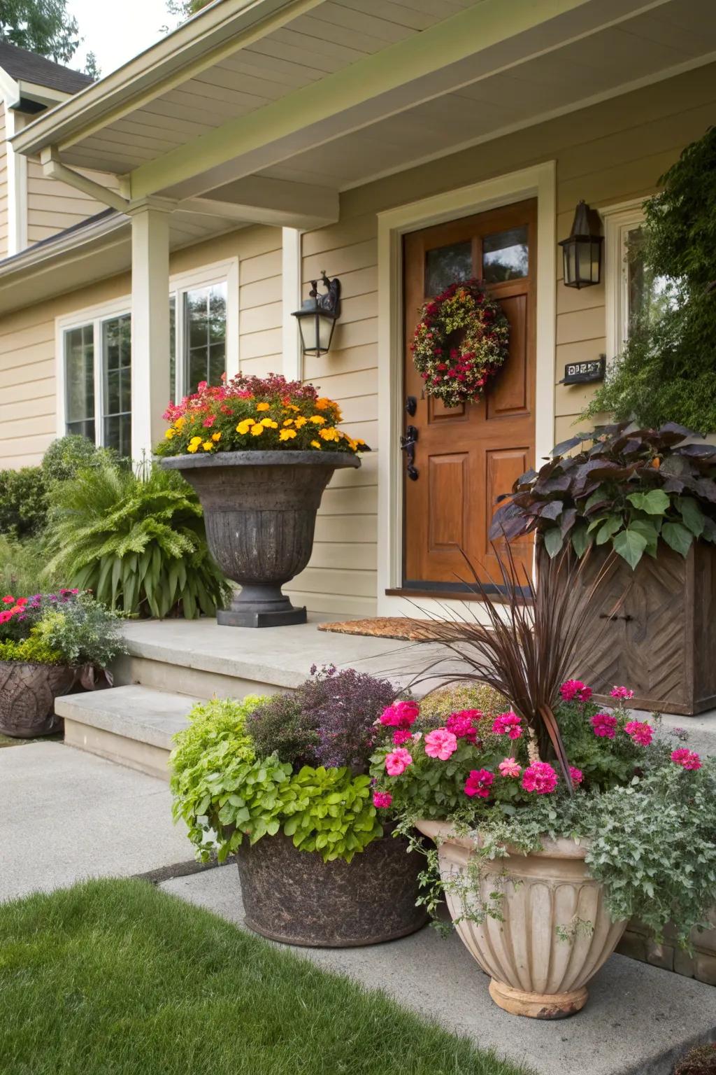 Achieve a distinct look by mixing planter styles.