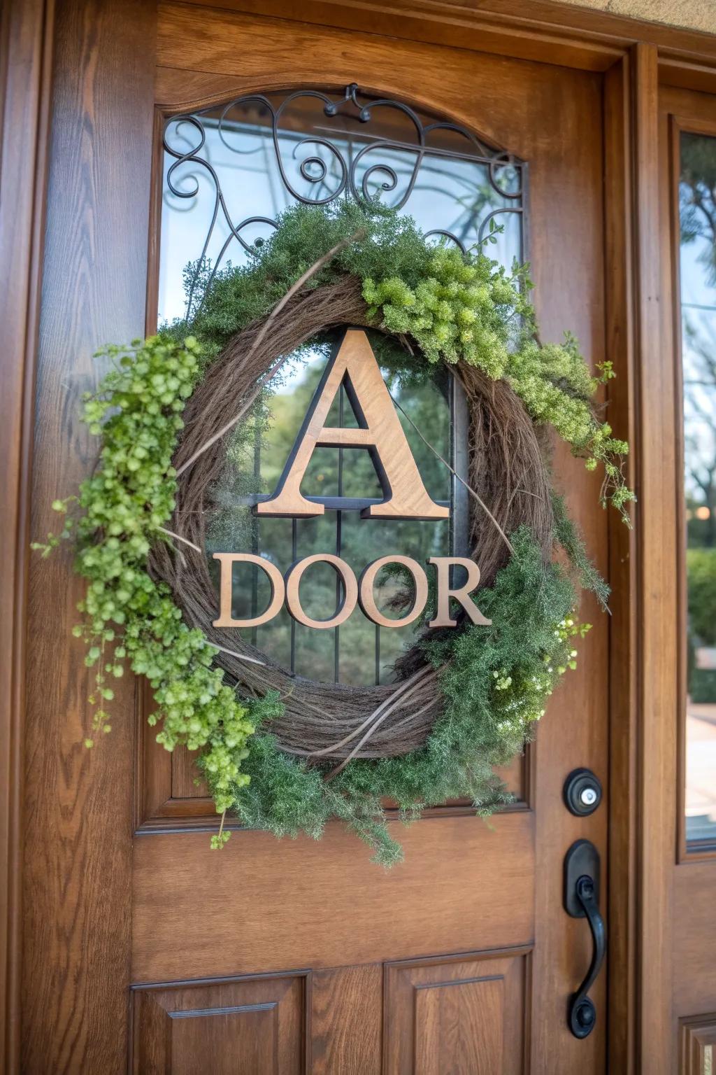 A personalized initial wreath that enhances the entrance with a personal touch.
