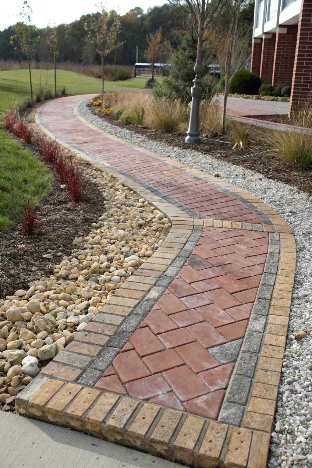 A layered path that combines tiles and loose stones for a distinctive visual.