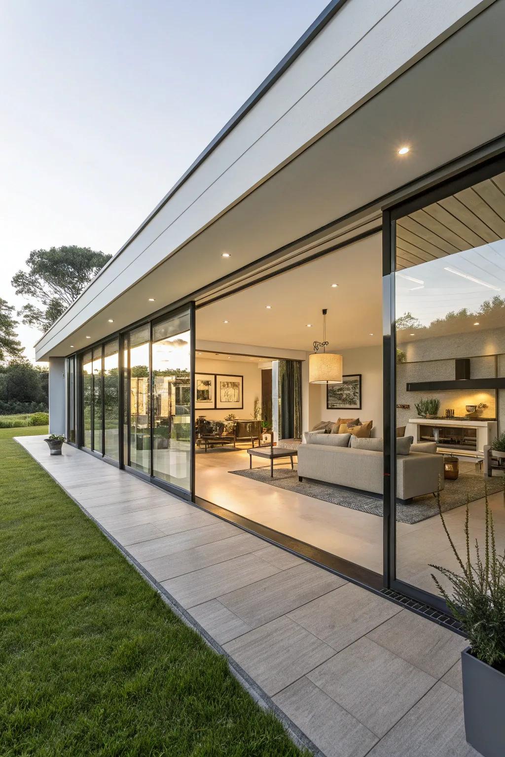 A modern house featuring expansive glass paneling that illuminates the interior.