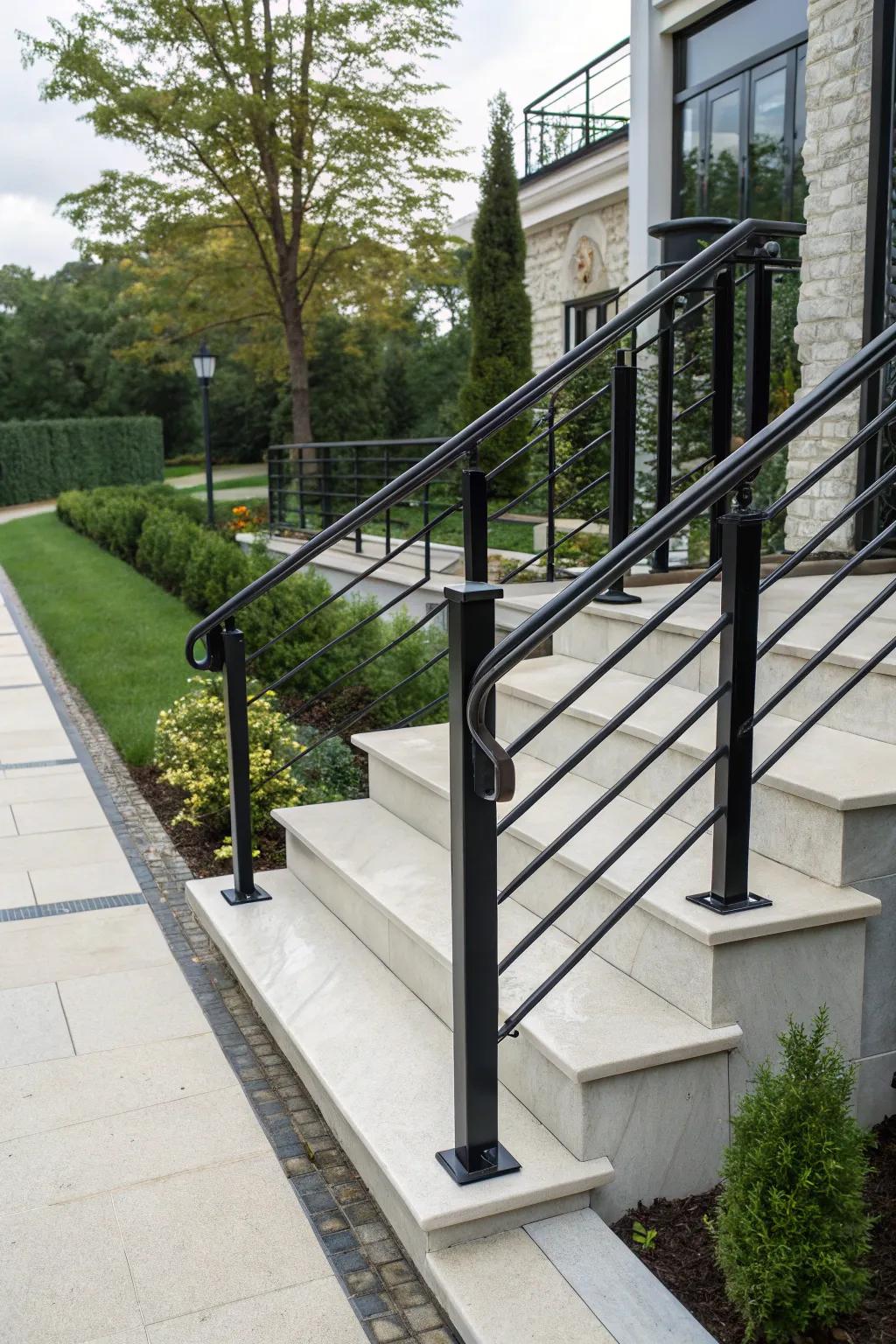 Sleek metallic railings bring a modern touch.