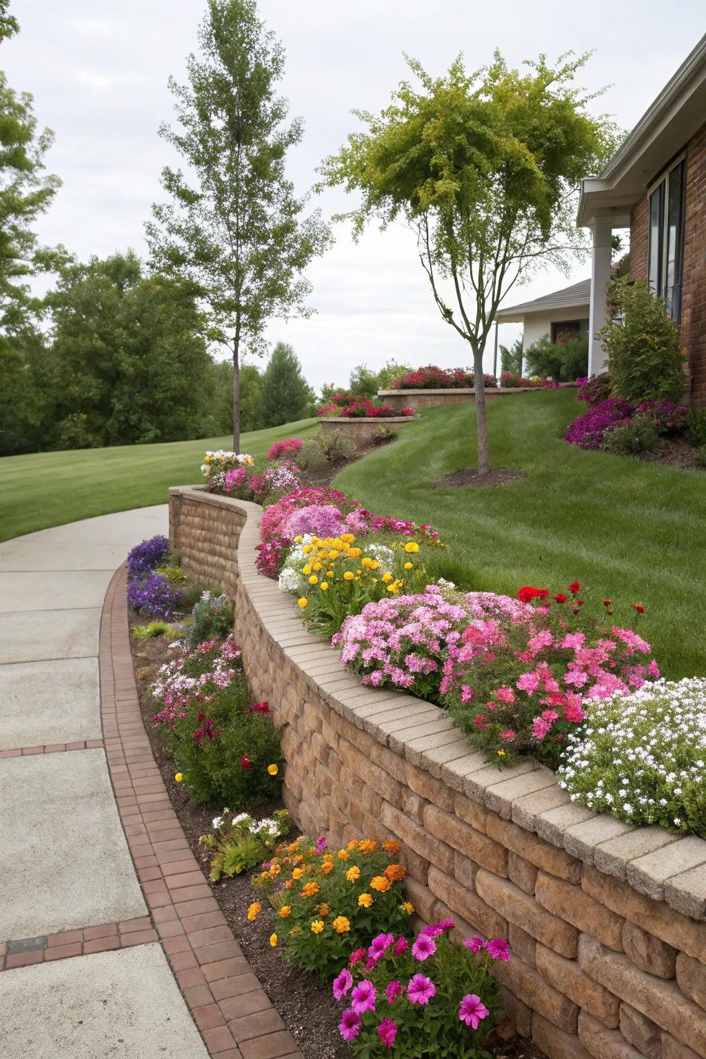 A solid brick support wall enhances the garden's refined look.