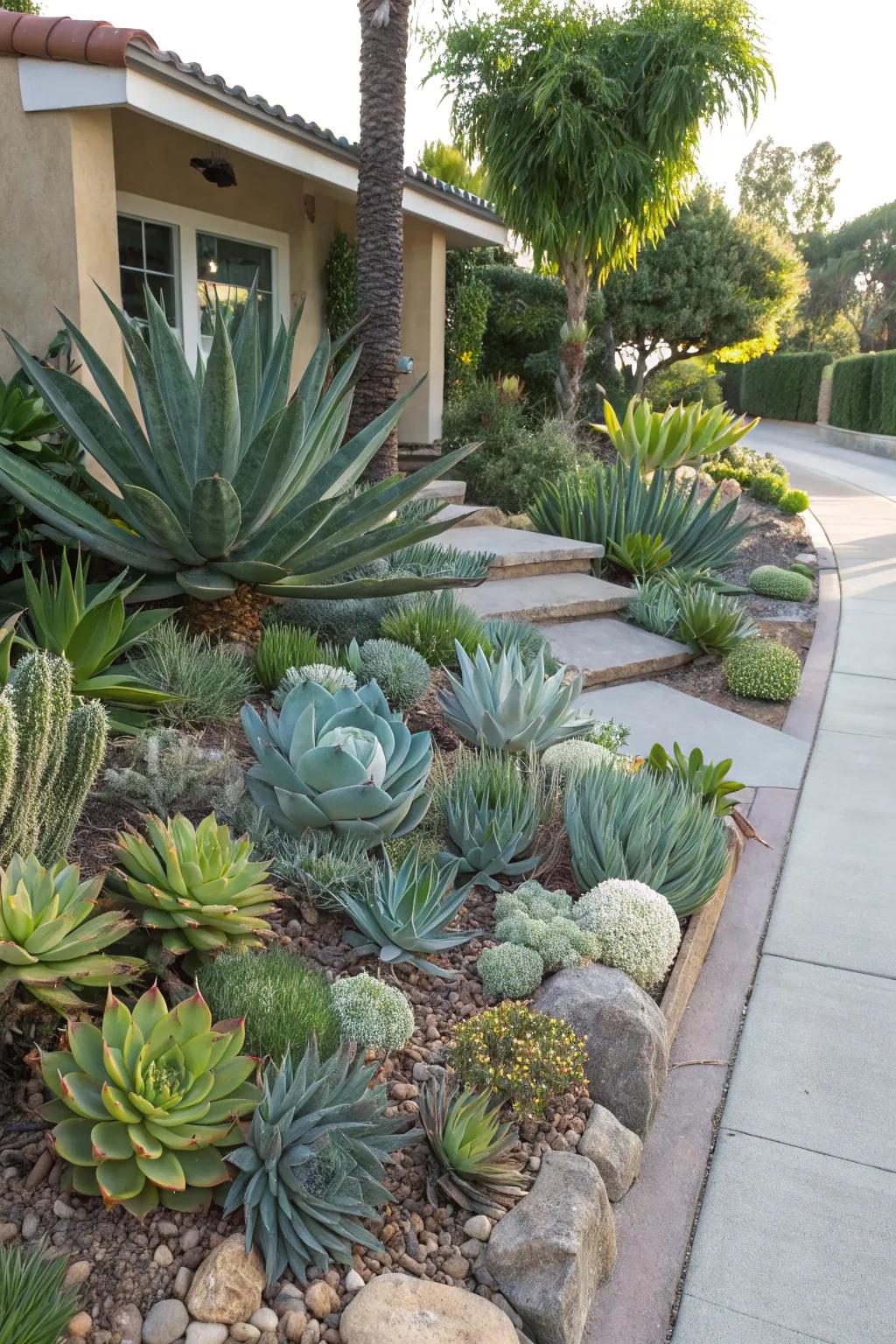 Succulents enhancing texture and filling voids.