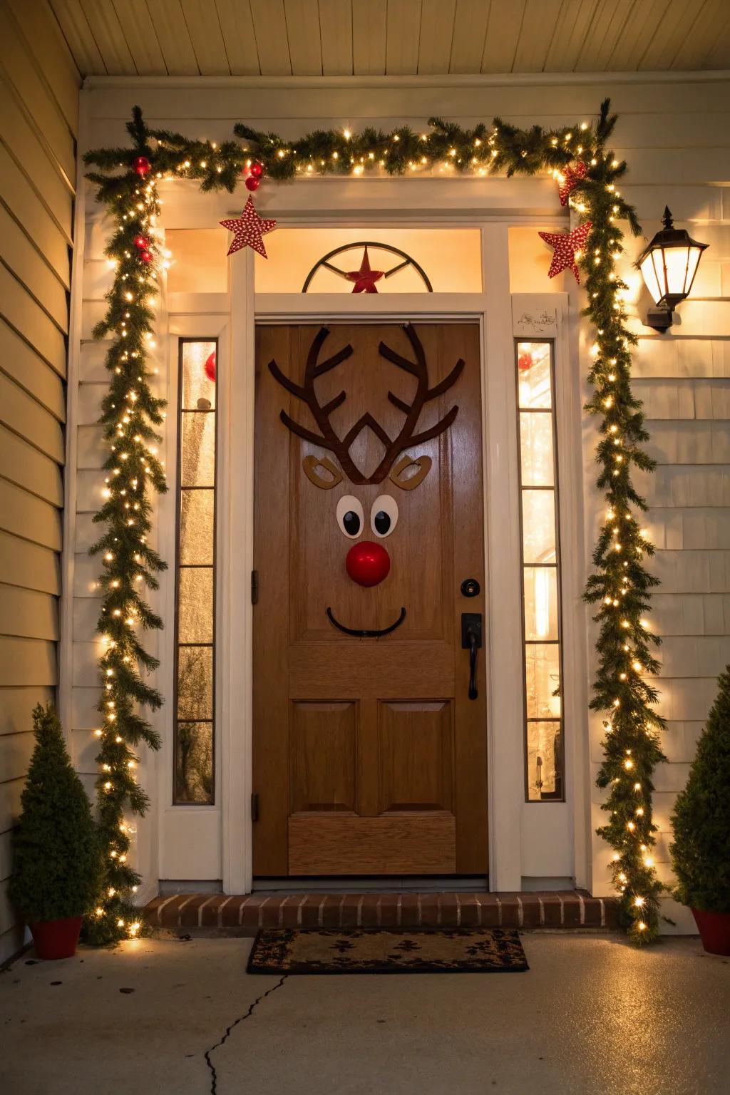 Rudolph's antlers and radiant nose fashion a lighthearted and appealing Christmas door embellishment.