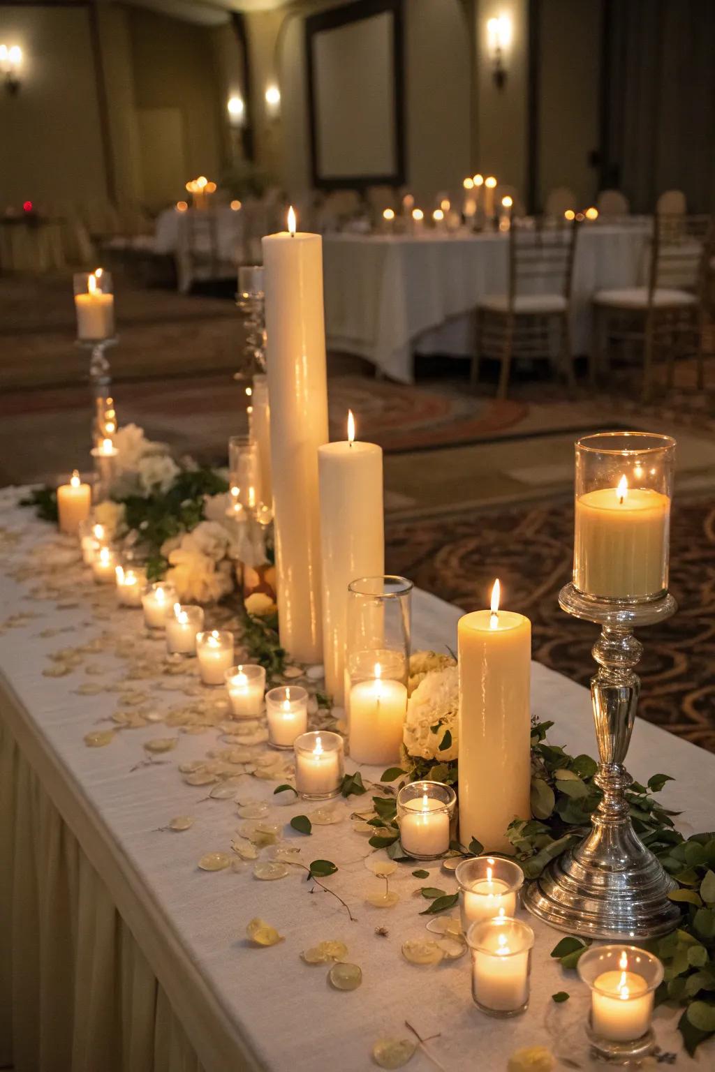 An ambiance of romantic candlelight, showcasing a variety of candles gracefully adorning a gala tabletop.