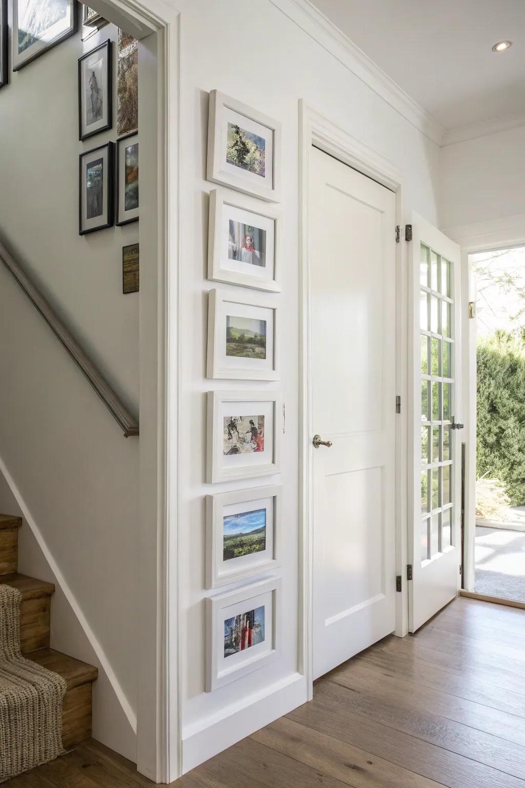 Vertical gallery wall arrangement perfect for narrow spaces.
