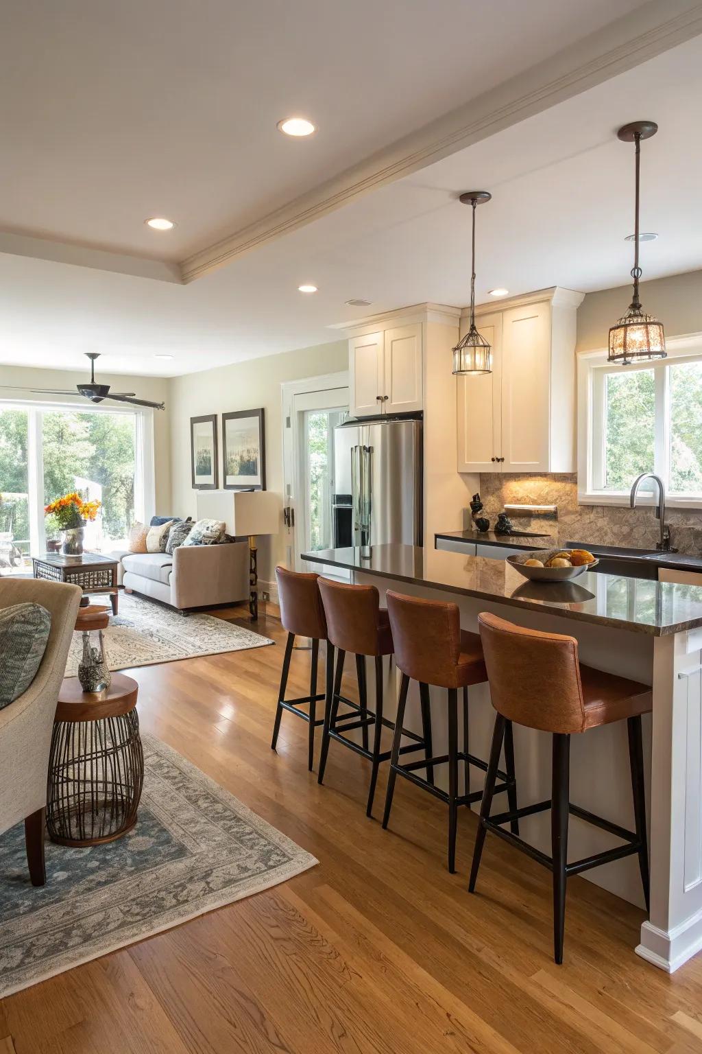 Furniture that does more than one job helps mix the kitchen and living room.