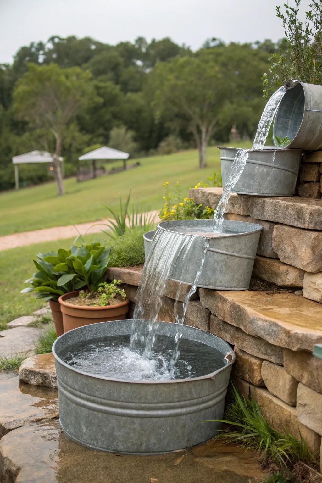 Water gracefully cascades through stacked containers, shaping a serene waterfall feature.