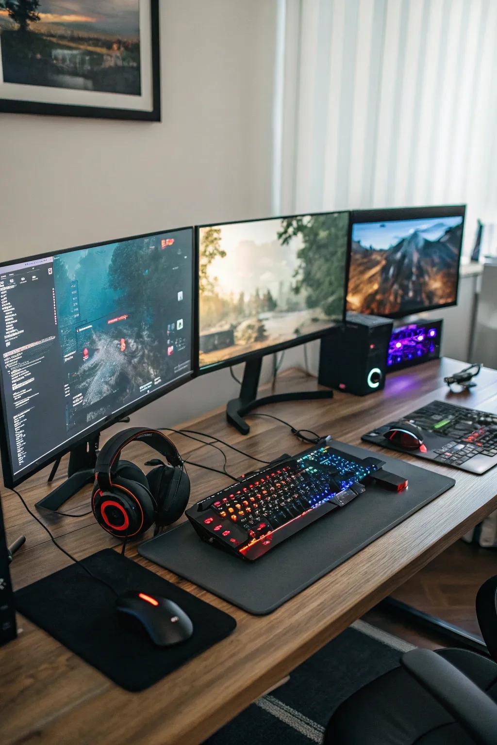 Multiple displays create a broad gaming panorama.