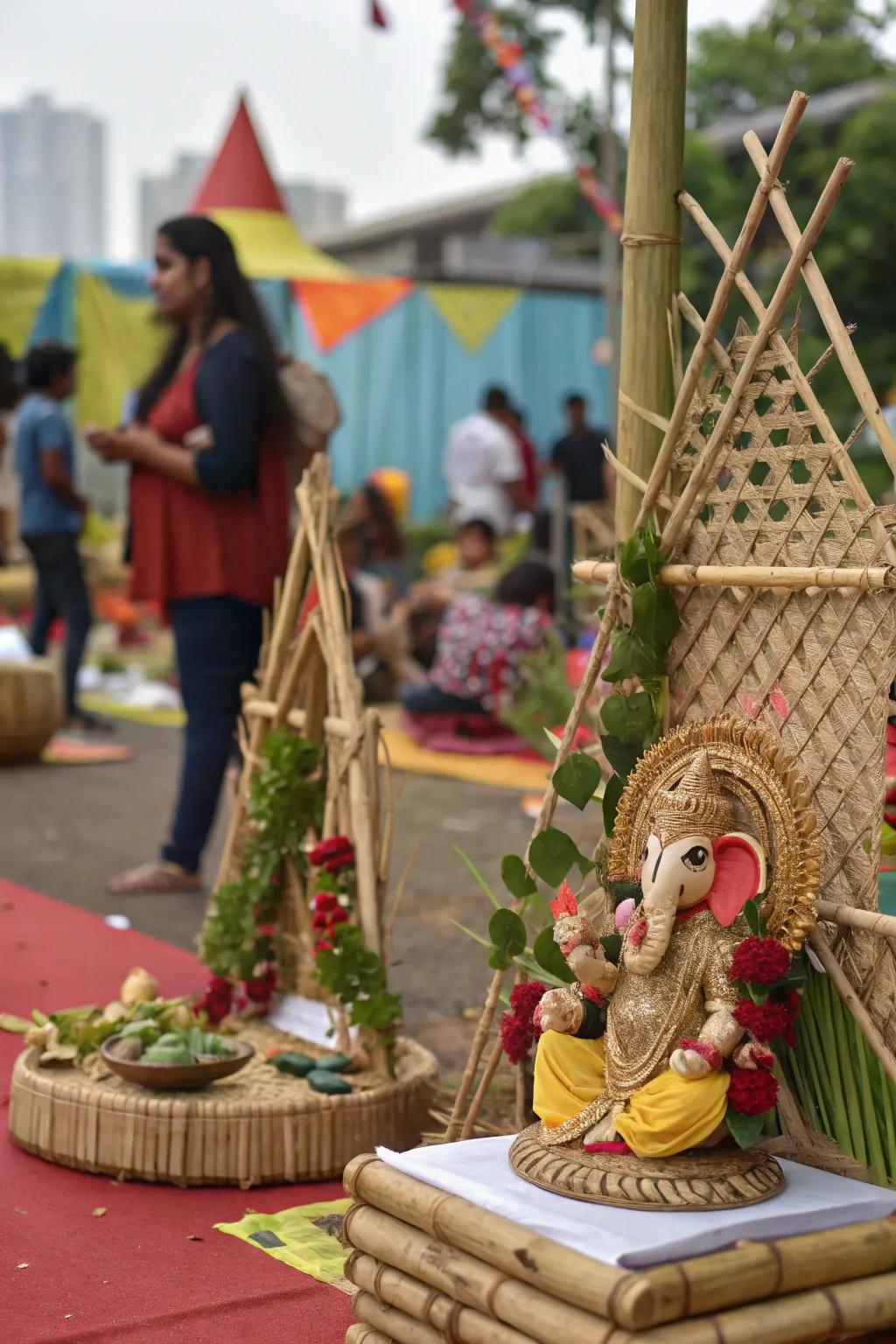 Eco-friendly decorations featuring bamboo and recycled materials, promoting a sustainable Ganesh Chaturthi celebration.