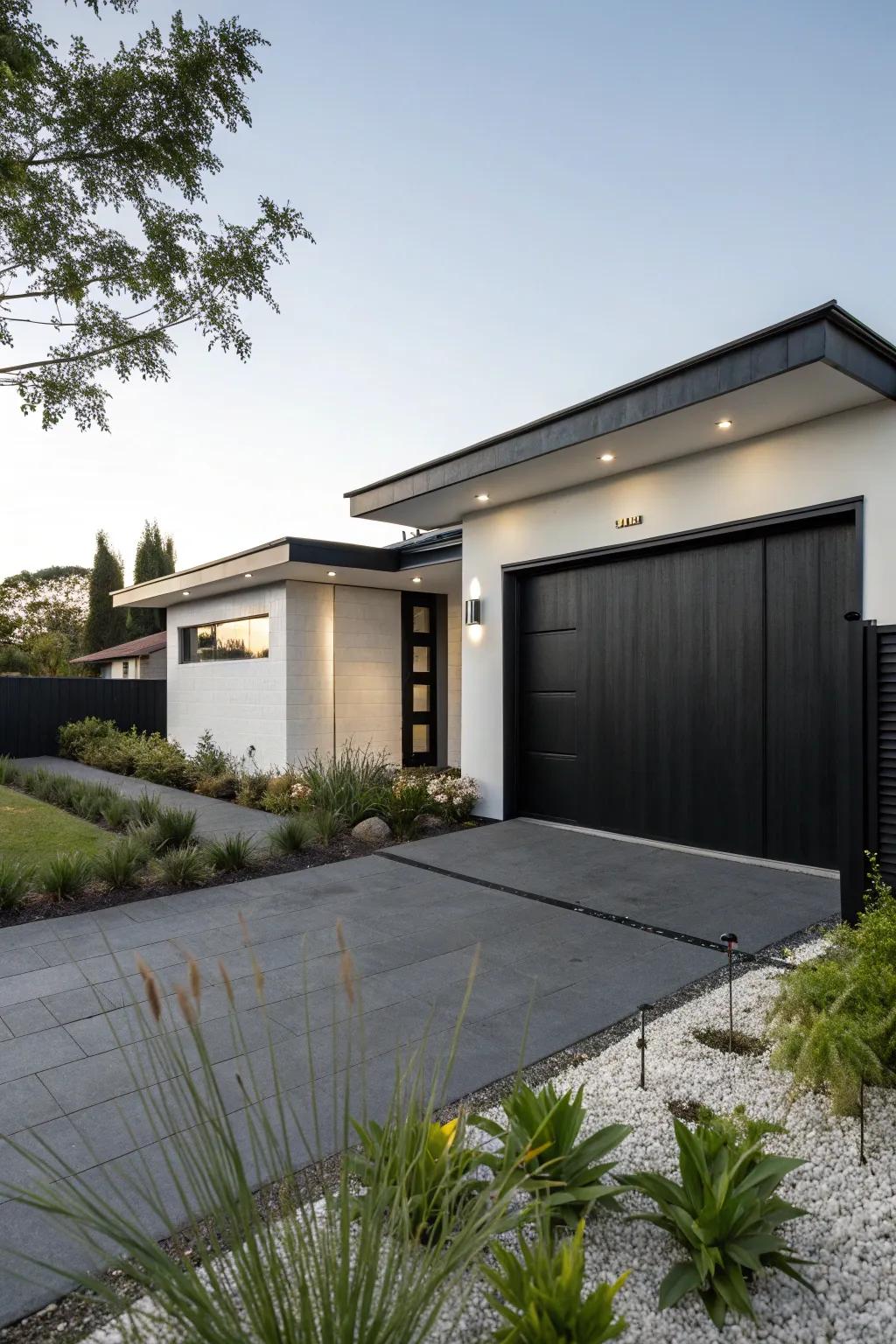 A black garage door offers sleek sophistication and modern appeal.