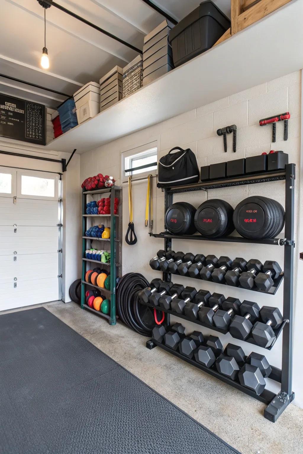 Wall-mounted storage keeps your gym equipment organized and easy to access.