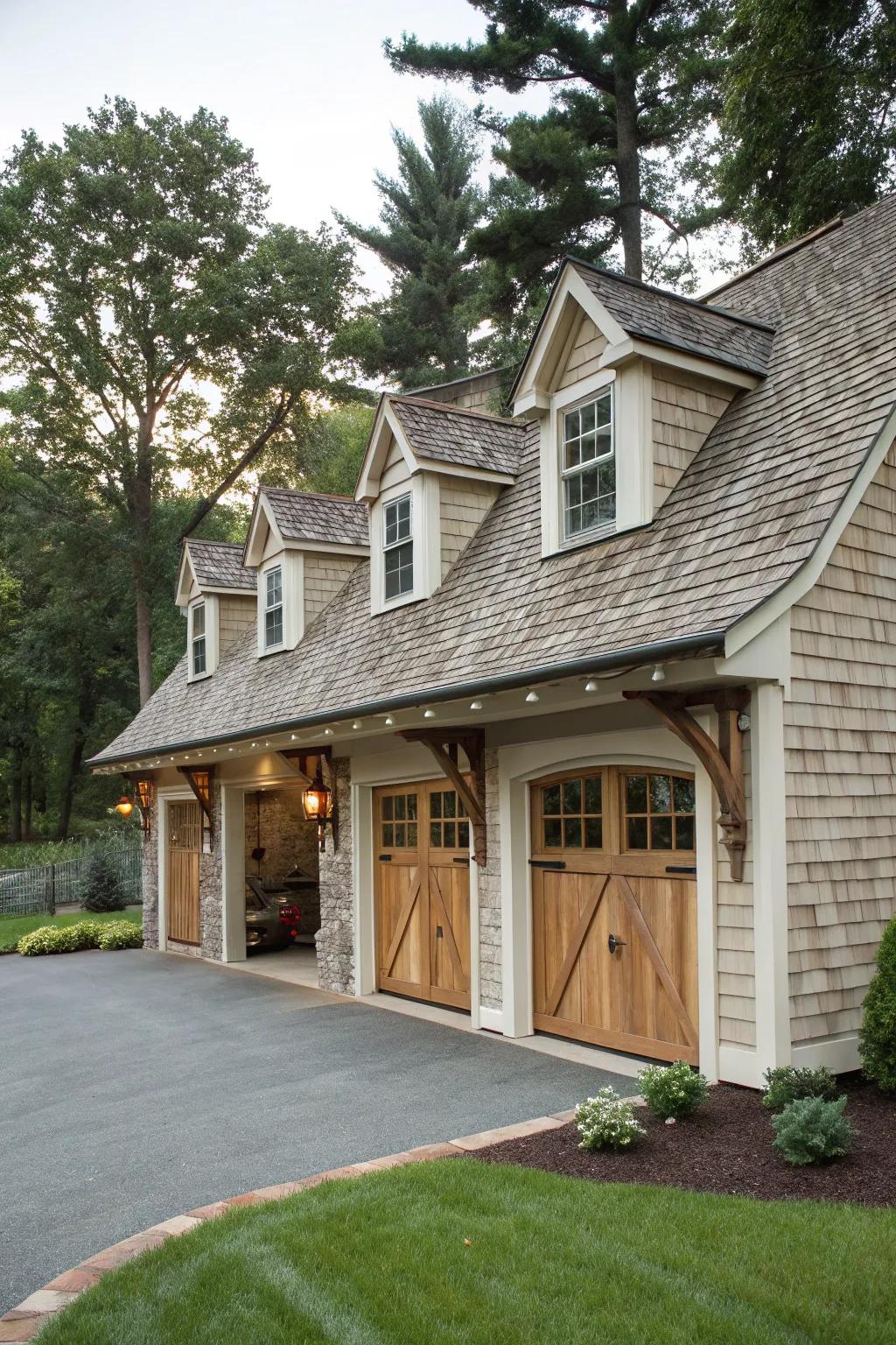 A classic garage elevated with delightful dormers.