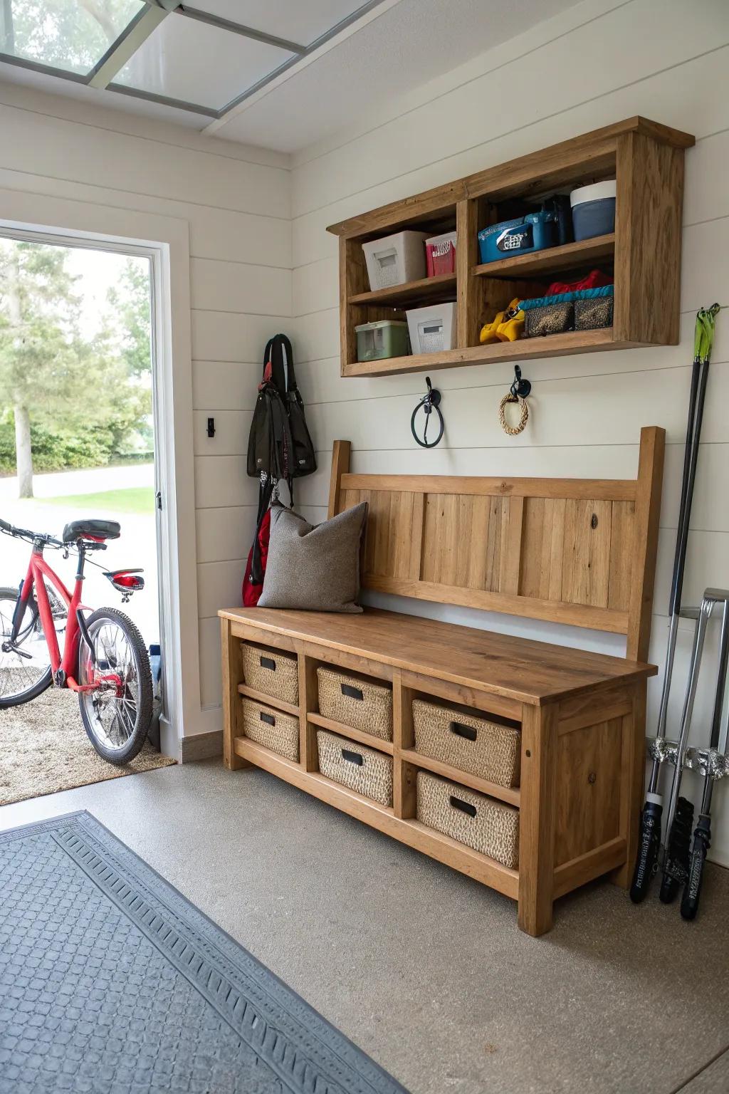 An inviting bench equipped with storage is the ideal method for keeping shoes neatly stowed away.